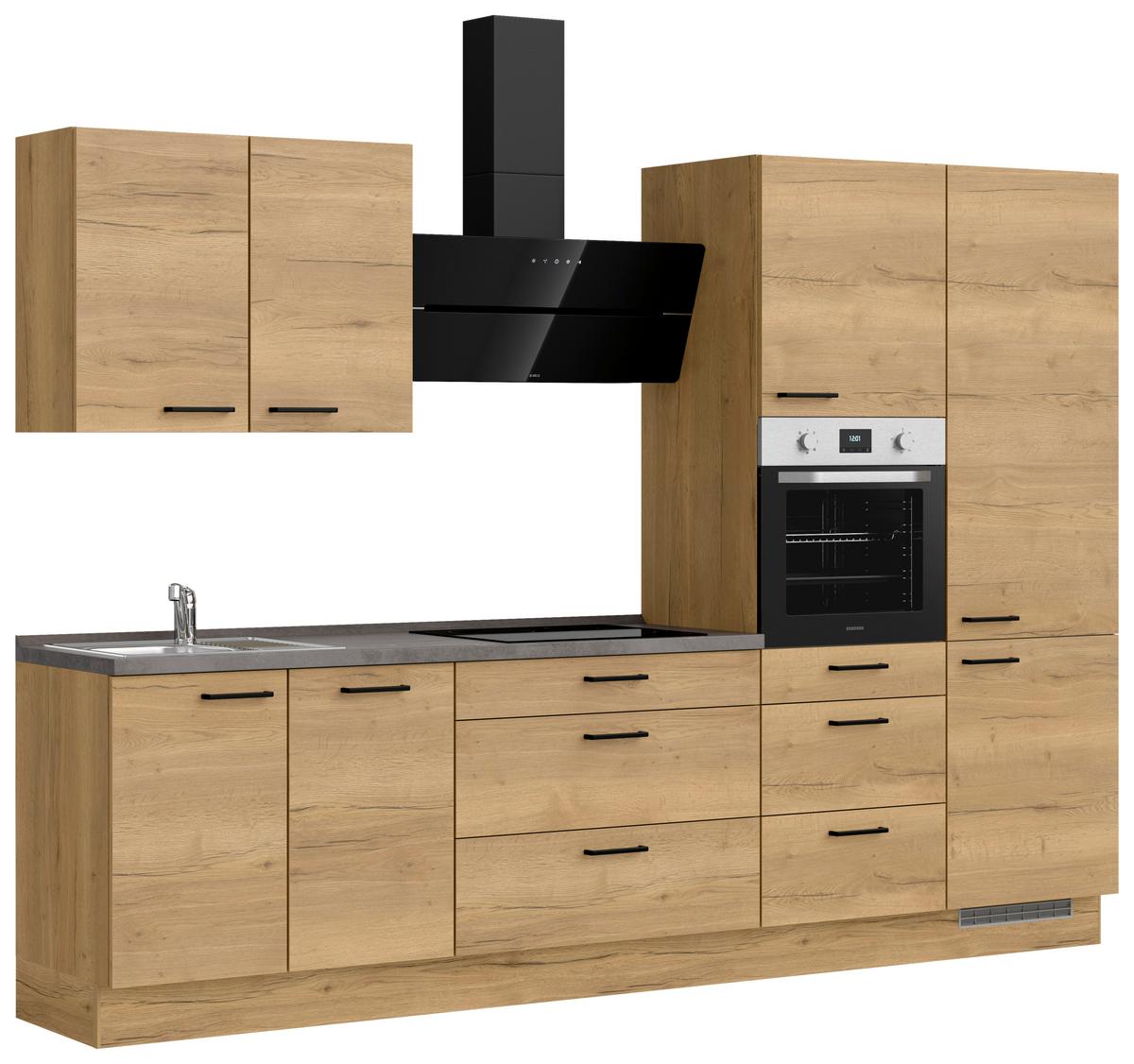 Kuchynská linka 300 cm, dub Sierra - čierna/farba duba, Modern, kov/kompozitné drevo (300cm) - Nobilia