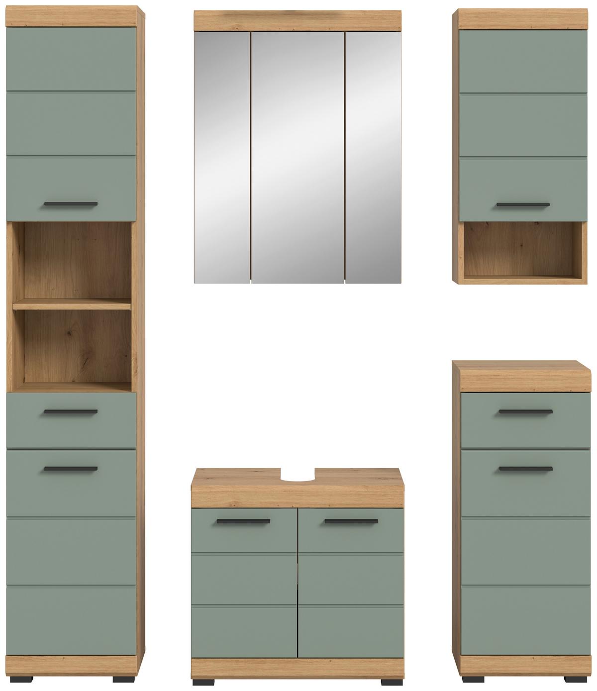 Badezimmer Scout Eiche Dekor/Salbeigrün B:134cm - Salbeigrün/Eichefarben, MODERN, Glas/Holzwerkstoff (134cm) - MID.YOU