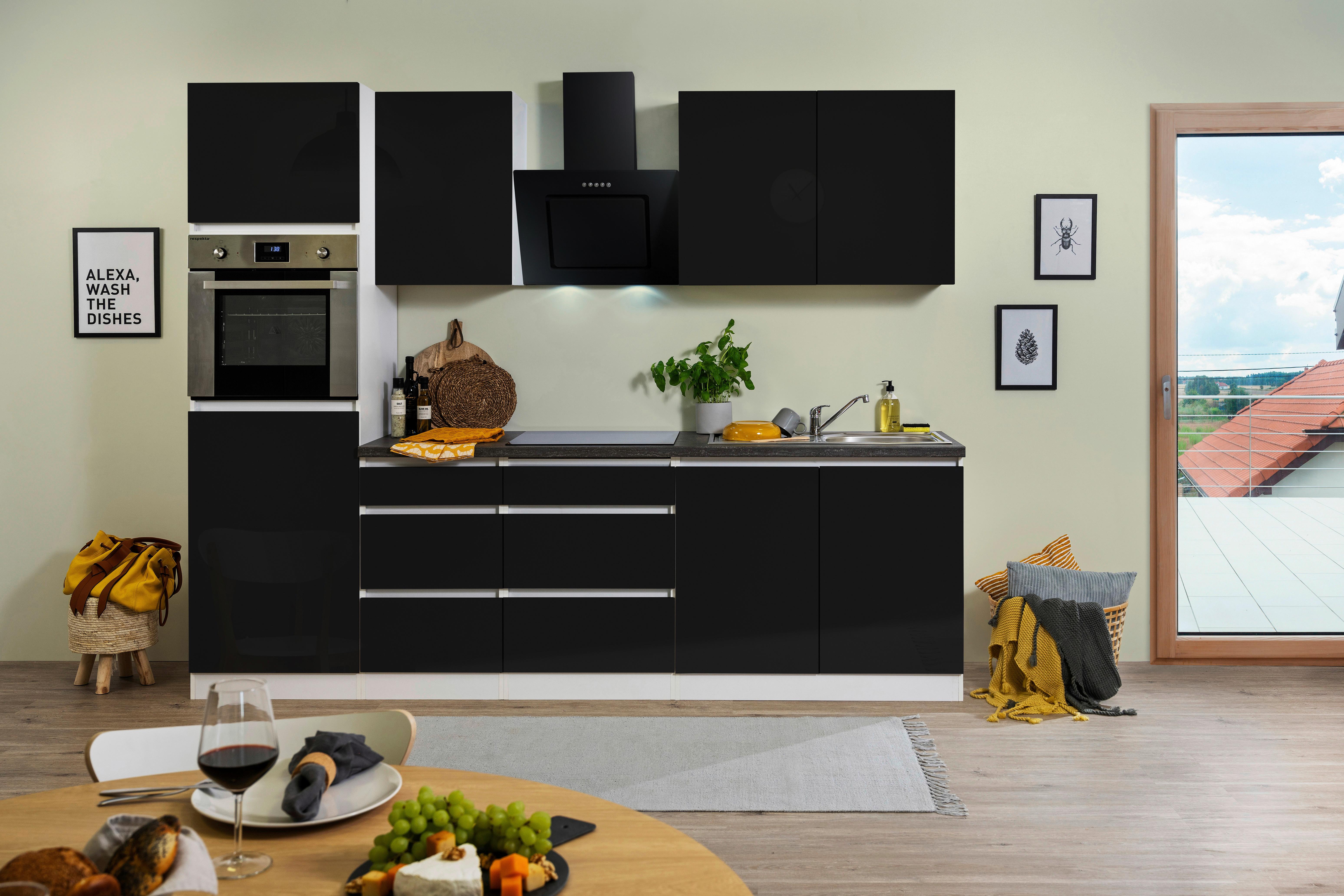 Küchenzeile Premium mit Geräten 270 cm Schwarz/Weiß Hochglanz - Schwarz/Braun, MODERN, Holzwerkstoff (270cm) - Respekta