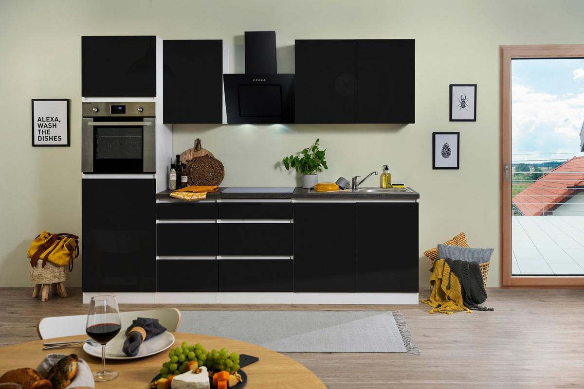 Küchenzeile Premium m. Geräten 270 cm Schwarz/Weiß Hochglanz - Schwarz/Braun, MODERN, Holzwerkstoff (270cm) - Respekta