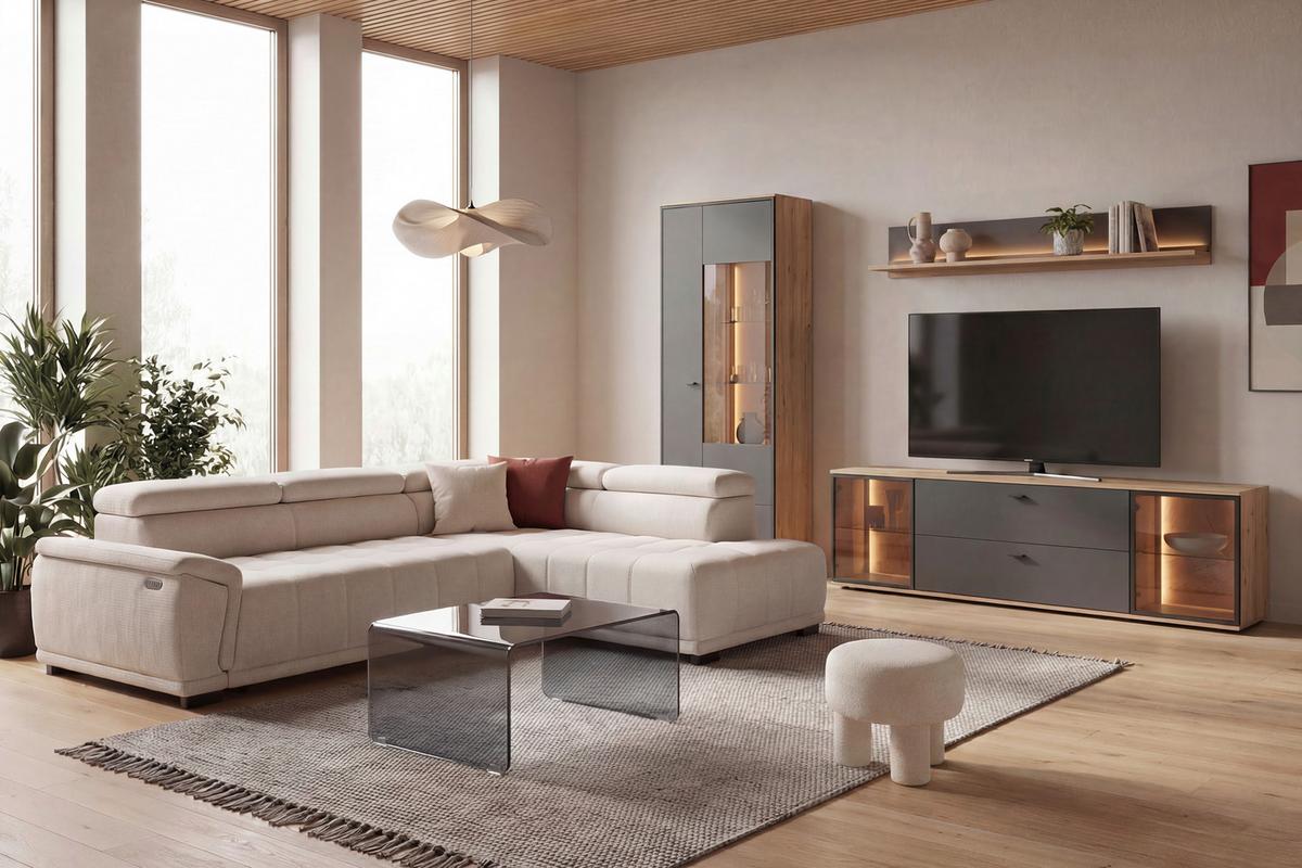 Rohová sedačka GRINALDI, pravá, sivobiela - čierna/sivobiela, Modern, textil/plast (283/206cm) - Premium Living