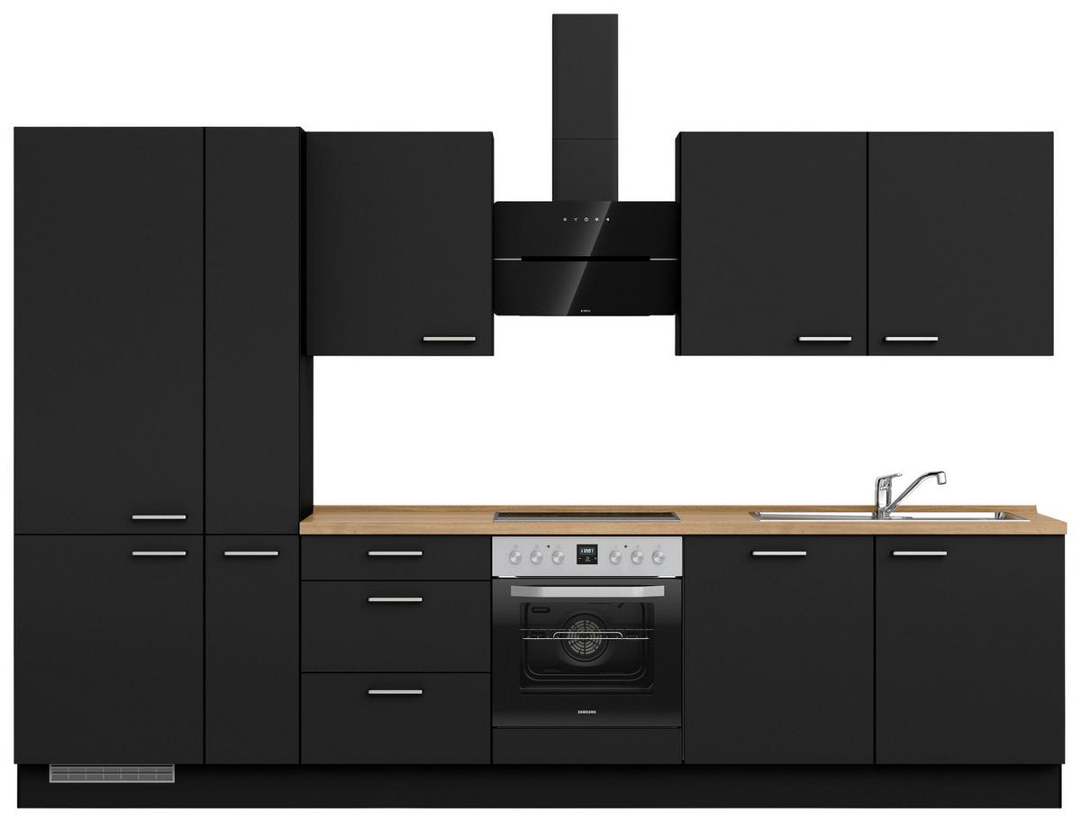 Kuchyňská linka 330 cm, čierna matná/ barva dub - černá/barvy dubu, Moderní, kov/kompozitní dřevo (330cm) - Nobilia
