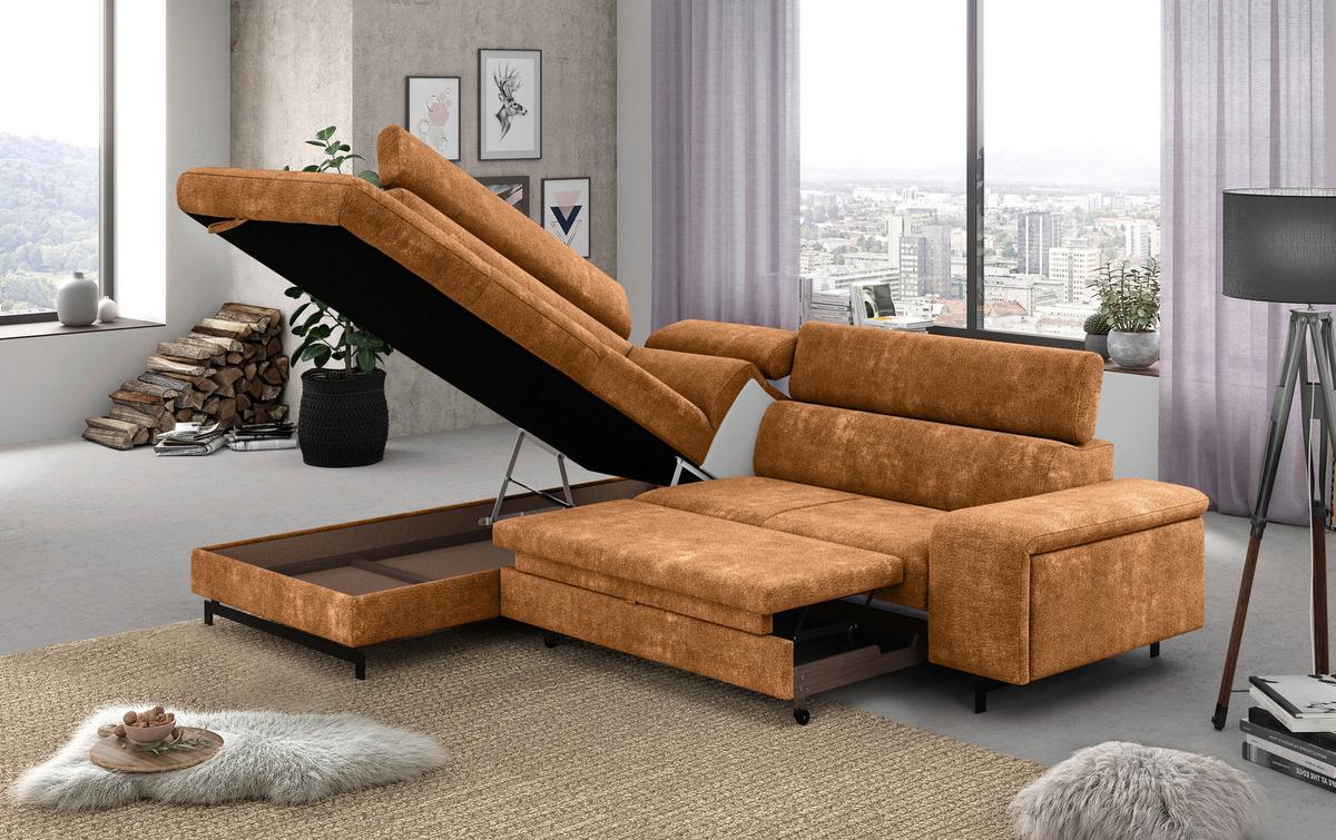 Ecksofa mit Bettkasten Emma Cognac 215x262 cm - Cognac/Schwarz, Textil (215/262cm) - MID.YOU