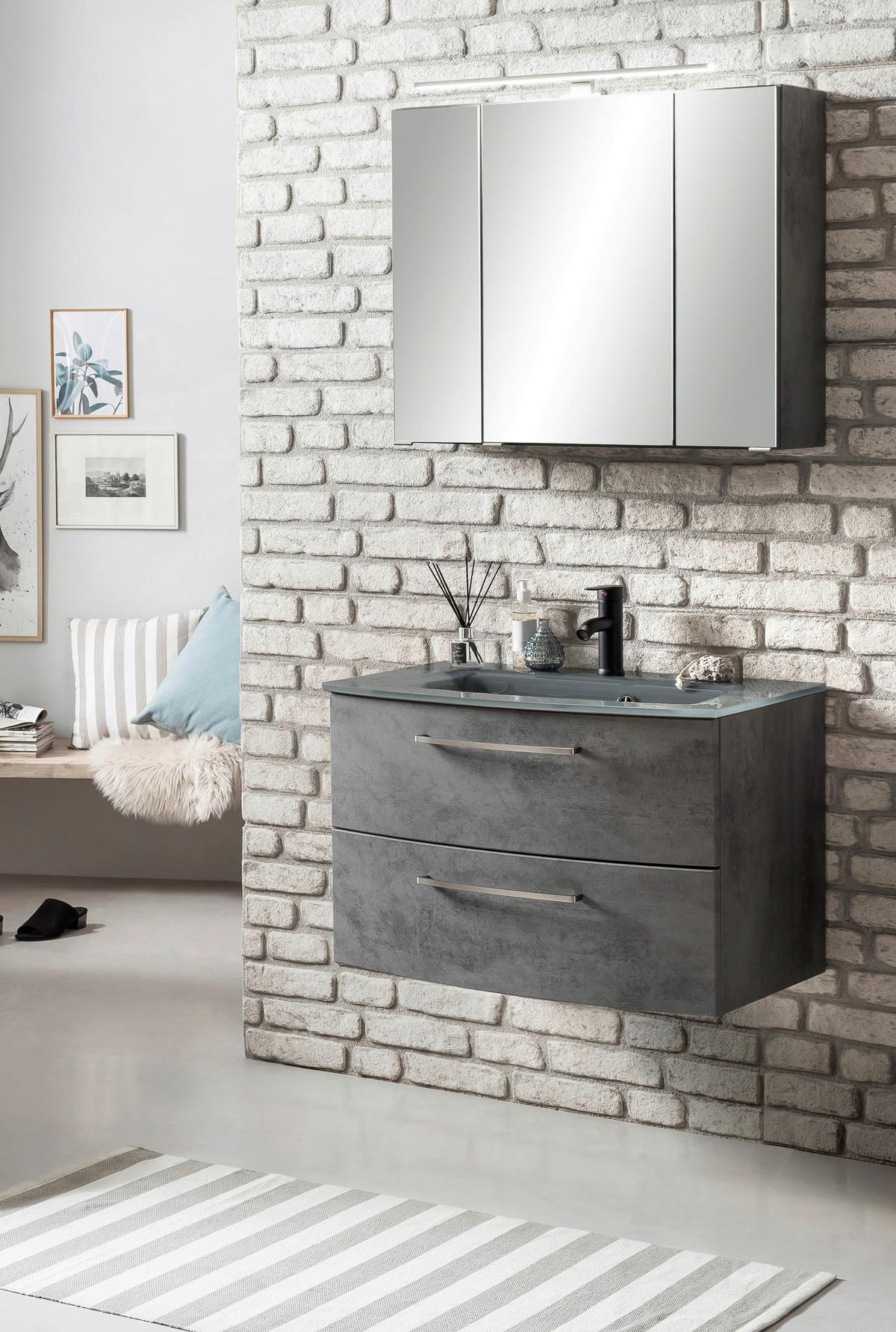 Waschbecken Mit Unterschrank Stockholm B: 80cm Grau Dekor - Dunkelgrau/Grau, KONVENTIONELL, Glas/Holzwerkstoff (80cm) - Held