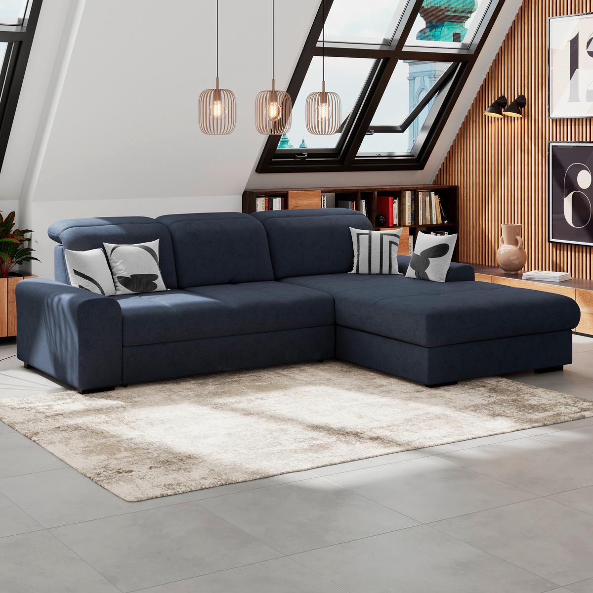 Ecksofa mit Bettfunktion Malaga new Chenille blau - Blau/Schwarz, KONVENTIONELL, Textil (286/203cm) - Ondega