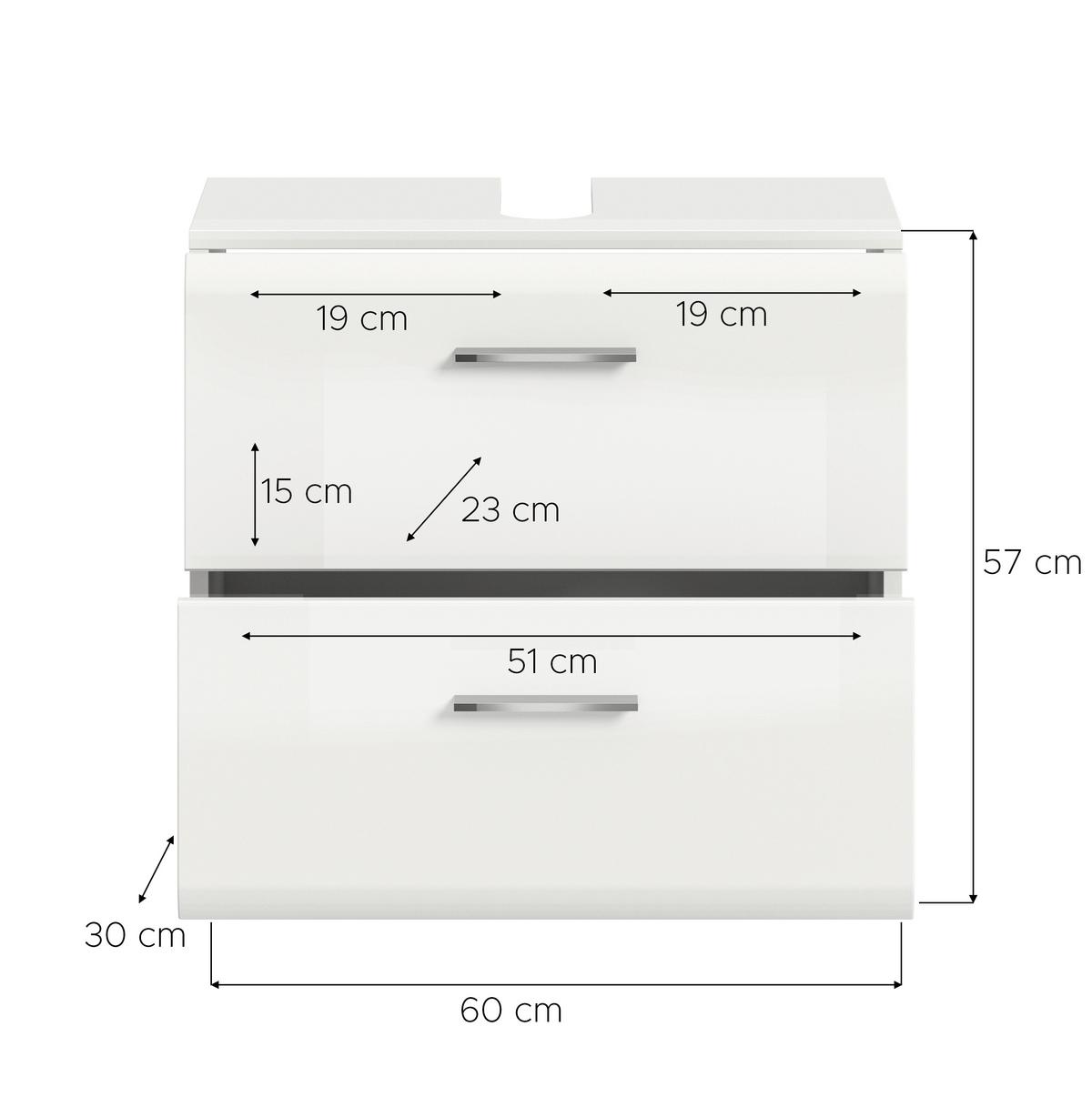 WASCHBECKENUNTERSCHRANK Ice Weiß/Weiß HG B: 60cm - Weiß Hochglanz/Schwarz, Trend, Holzwerkstoff (60/58/30cm) - MID.YOU