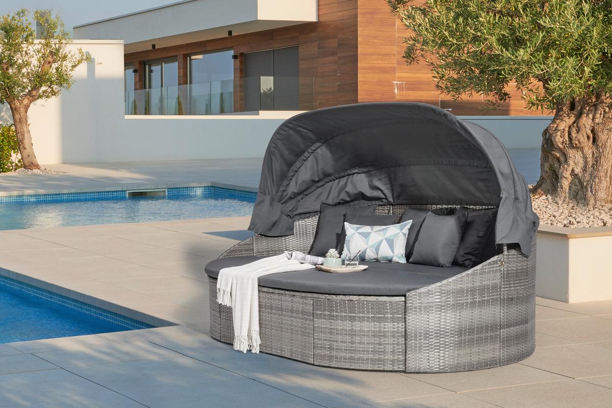 Sonneninsel Kuba Grau Aus Polyrattan, Verstellbares Dach - Grau, MODERN, Kunststoff/Textil (230/145/140cm) - Ambia Garden
