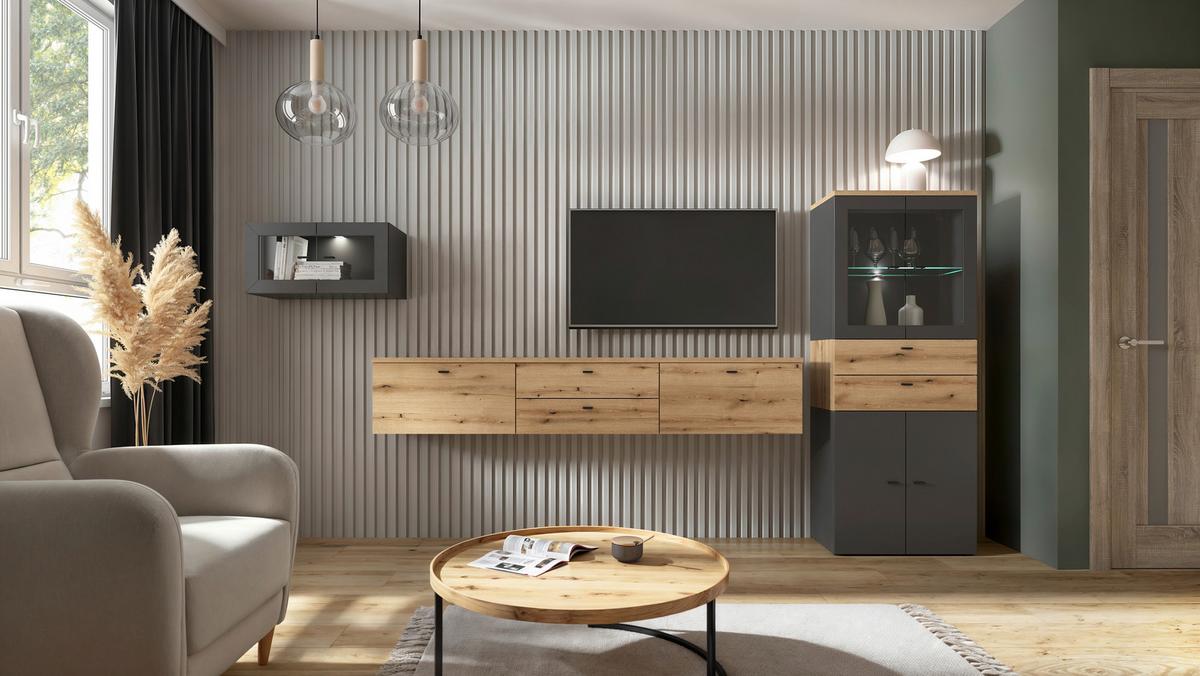 Stapelprogramm Sixty-Four - Eichefarben/Anthrazit, Trend, Holzwerkstoff (320/160/35cm)