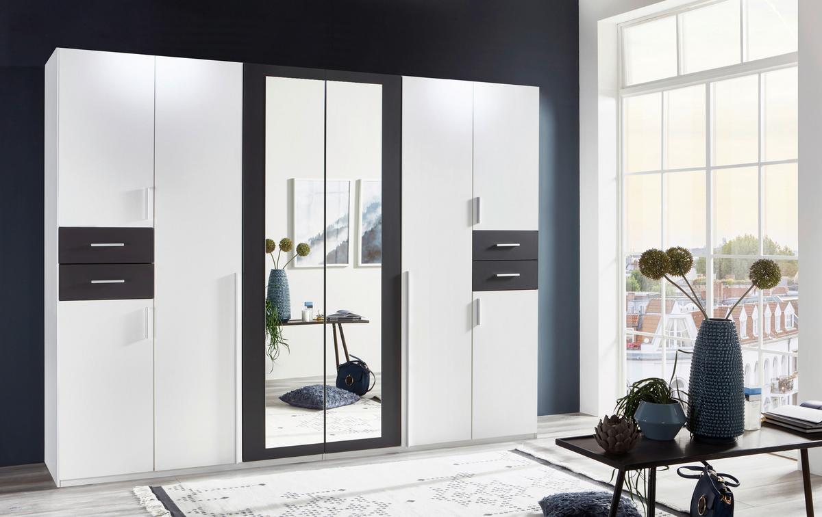 Drehtürenschrank Mit Spiegel + Laden B: 270 Cm Vegas, Weiß - Graphitfarben/Weiß, Basics, Holzwerkstoff (270/208/58cm) - MID.YOU