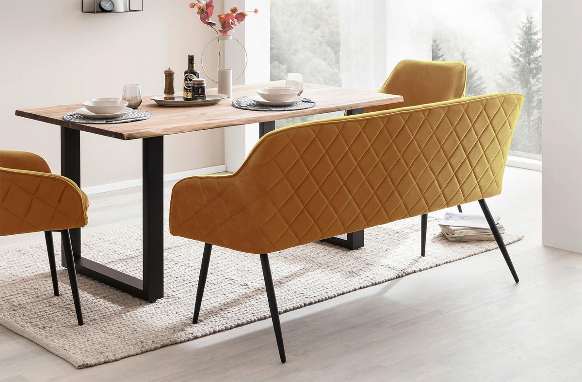 Tischgruppe Akazie Massiv/Senfgelb 6--Teilig. - Senfgelb/Naturfarben, MODERN, Holz/Textil (200/100/76,5cm) - Livetastic