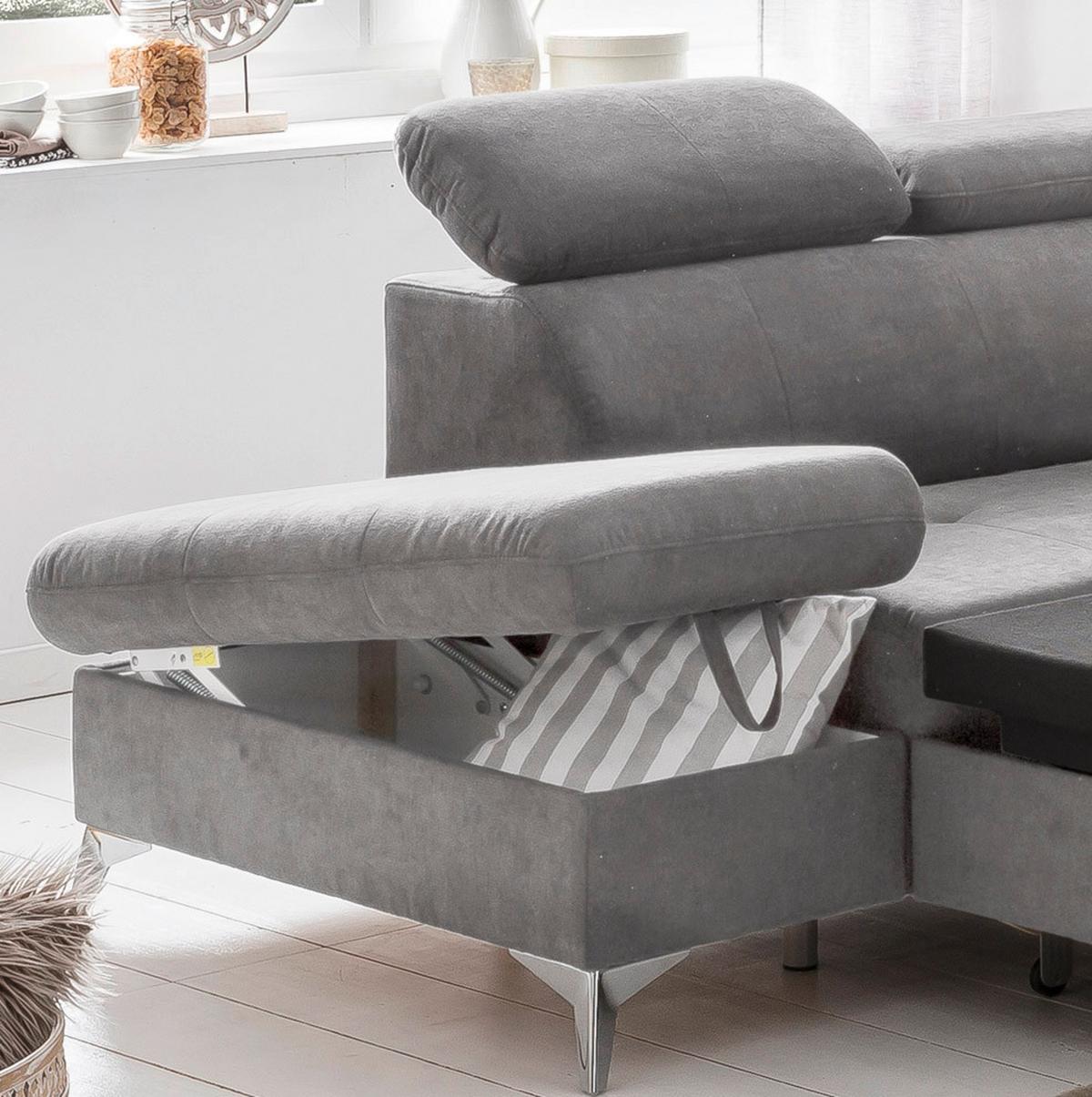 Ecksofa Mit Schlaffunktion Gisele Und Bettkasten Grau - Chromfarben/Grau, KONVENTIONELL, Textil (209/256cm) - Livetastic