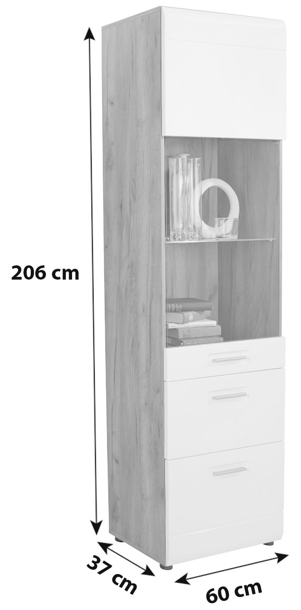 Vitrin Avensis New - tölgyfa/fehér, Konventionell, faalapú anyag/Üveg (60/205,7/37,1cm) - Luca Bessoni