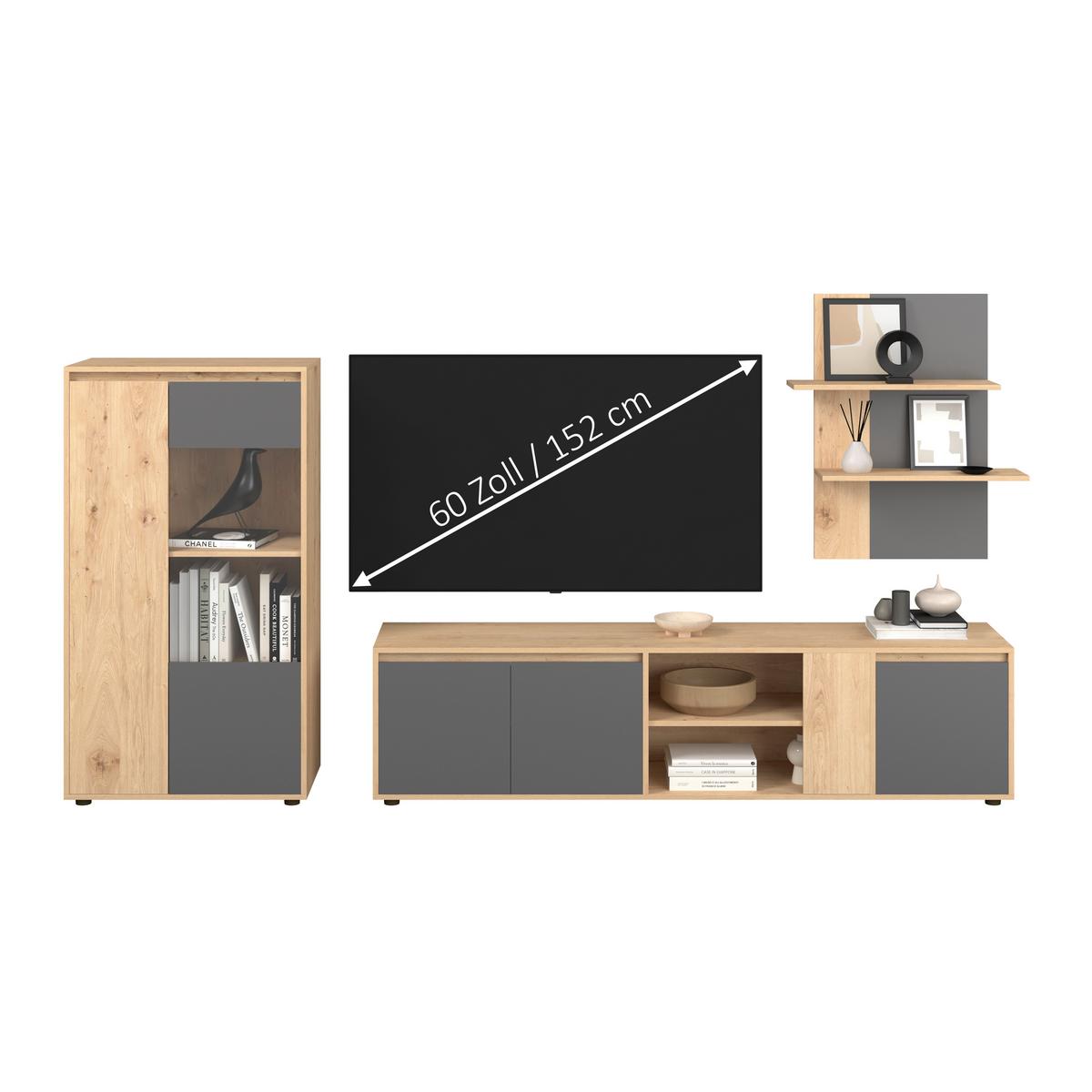 Wohnwand Caneva Anthrazit/Eichefarben B: 268cm - Anthrazit/Schwarz, MODERN, Glas/Holzwerkstoff (267,5/135/40cm)