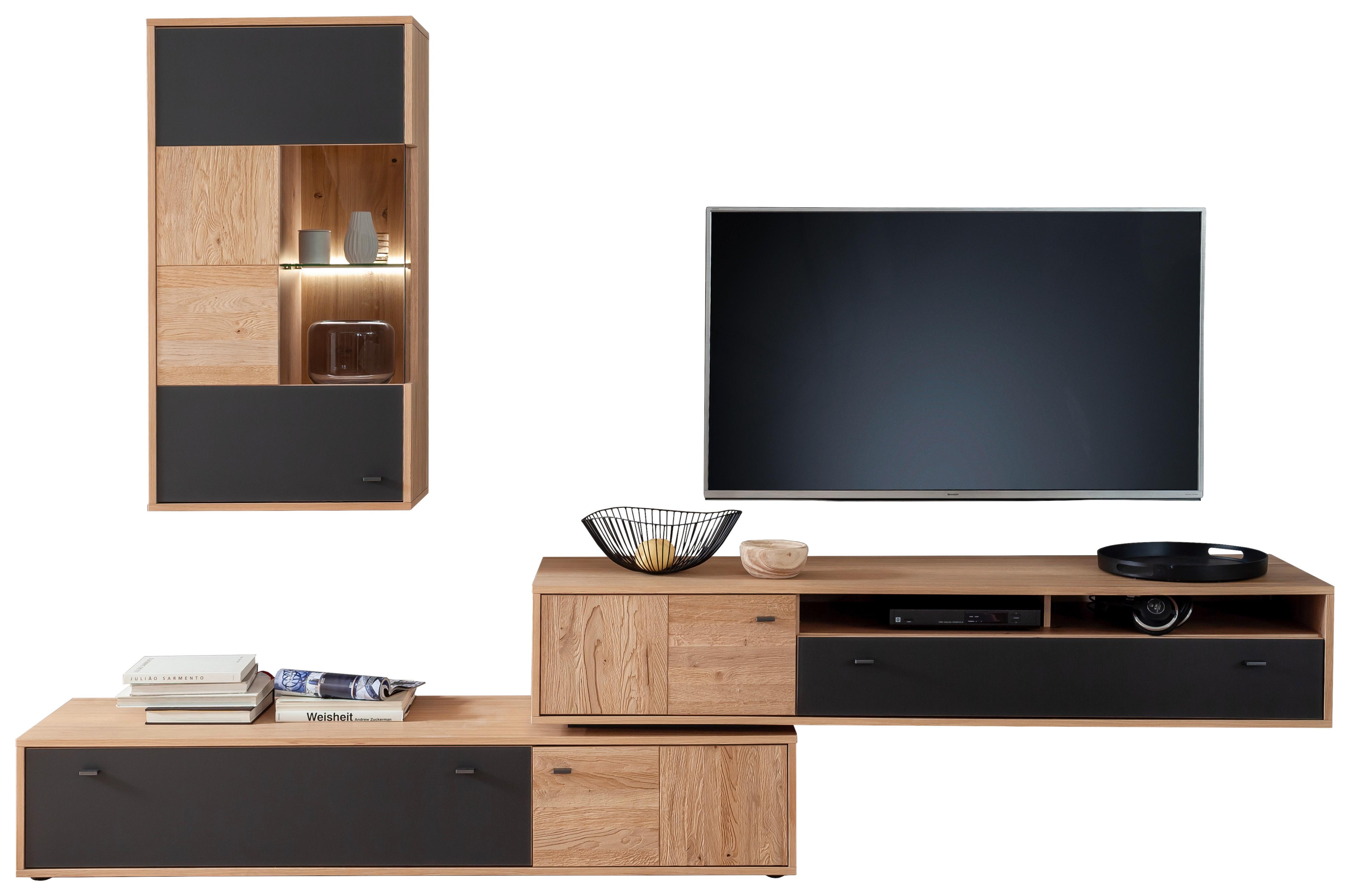 Wohnkombination teilmassiv 2tlg. Valencia Anthrazit/Eiche - Eiche Bianco/Anthrazit, Design, Glas/Holz (306/198/50cm) - MID.YOU