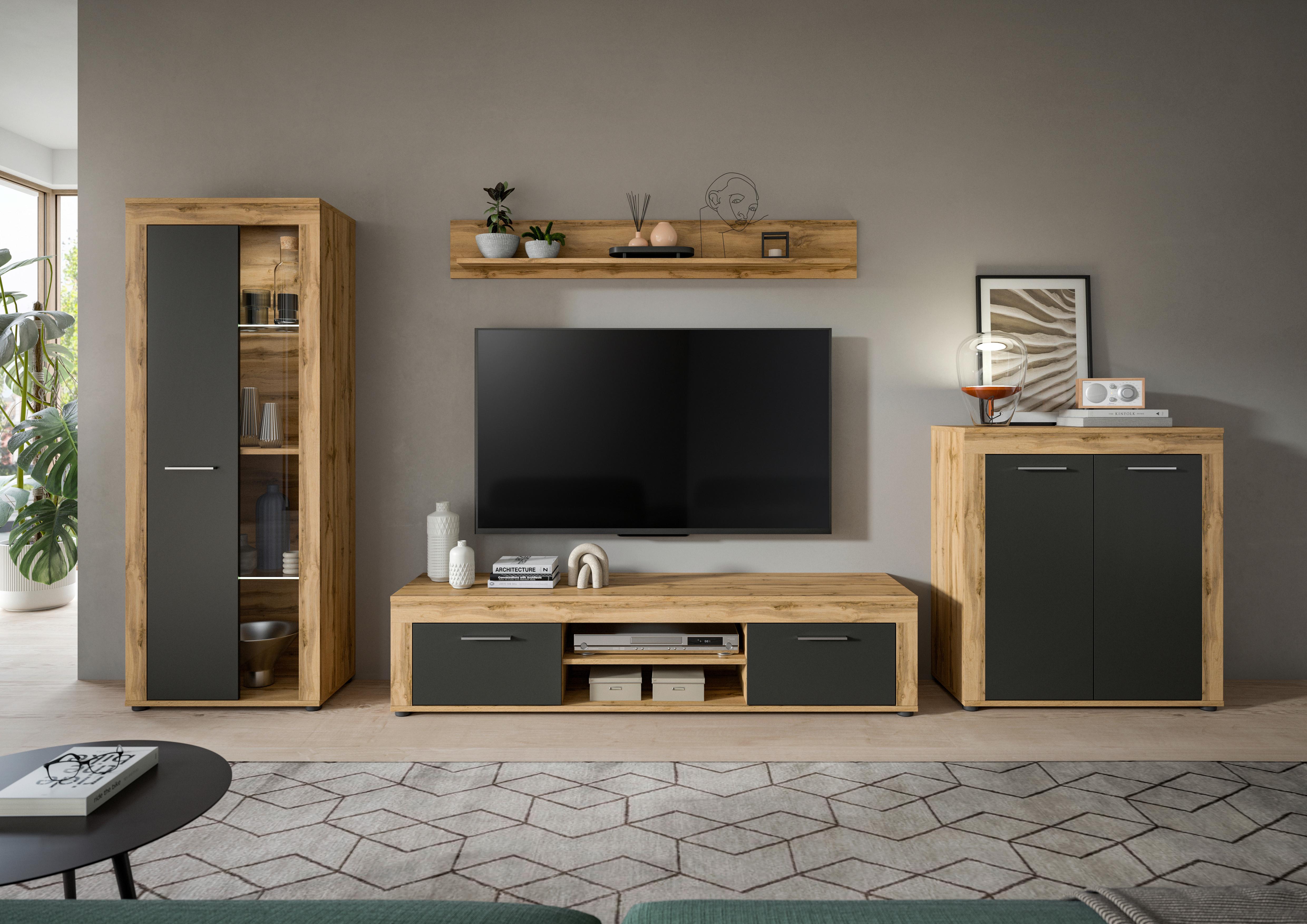 Wohnwand Jam Eiche Dekor, Anthrazit 4-Teilig B: 330 Cm - Anthrazit/Eiche Wotan, Design, Glas/Holzwerkstoff (330/159/35cm) - MID.YOU