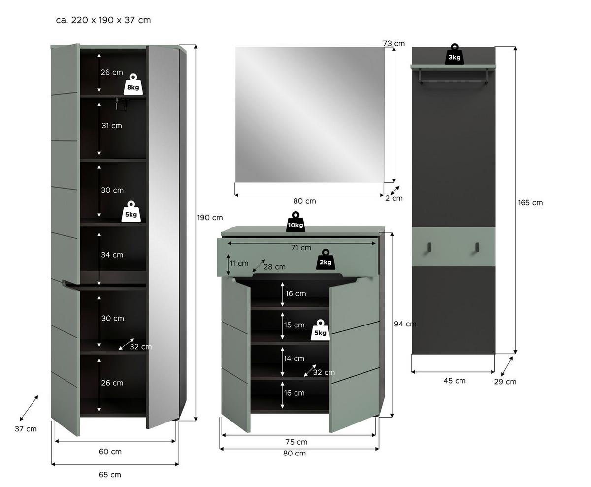 Garderobe Canu 4-Teilig Grau/Grün B: 220 cm - Graugrün, Design, Holzwerkstoff (220/190/37cm) - Livetastic