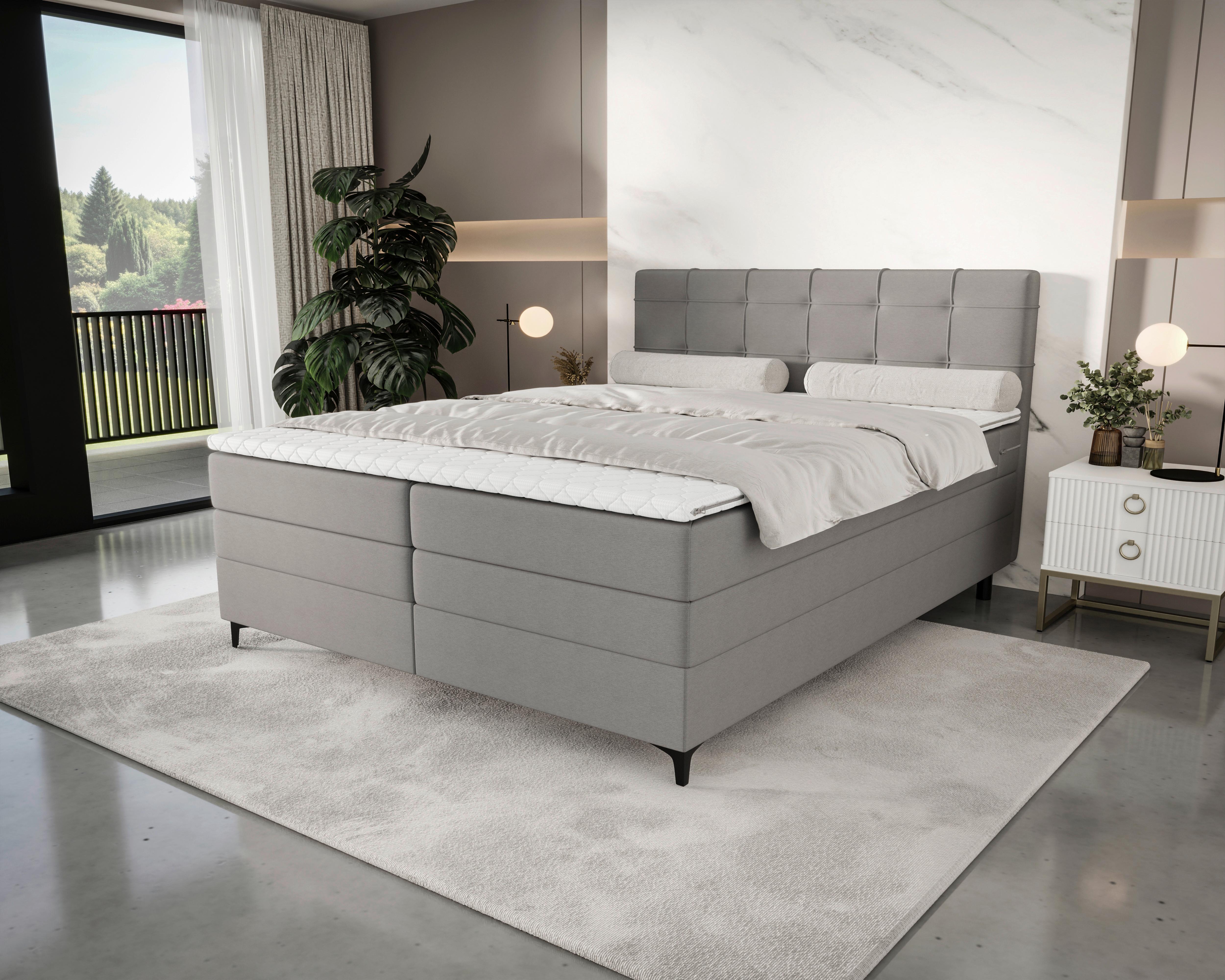 Boxspringbett Mitto mit Topper 180x200 cm - Hellgrau/Schwarz, KONVENTIONELL, Textil/Metall (180/200cm)