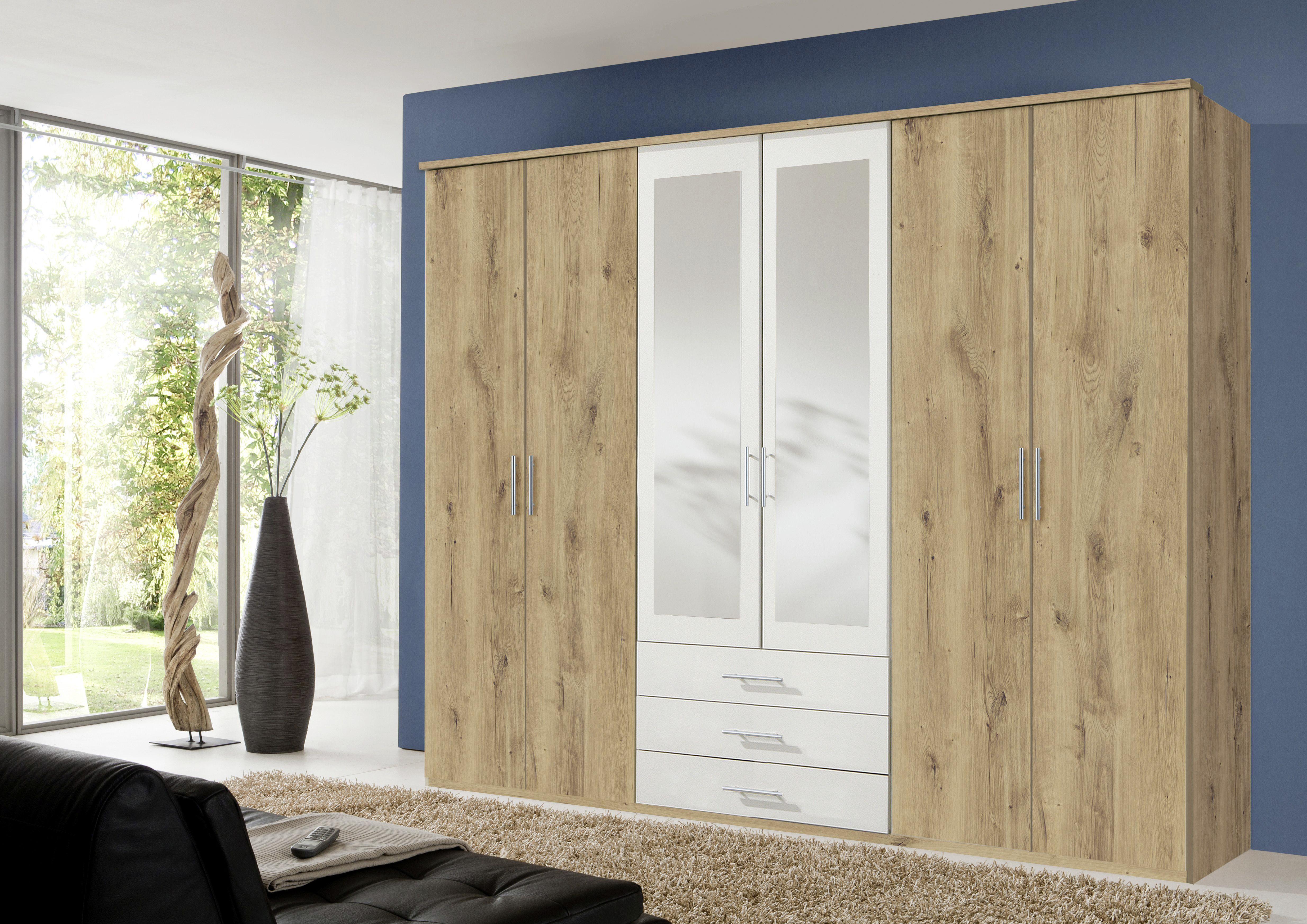 Drehtürenschrank Mit Spiegel + Laden 270cm Ben, Eiche/weiß - Eichefarben/Weiß, KONVENTIONELL, Glas/Holzwerkstoff (270/210/58cm) - MID.YOU