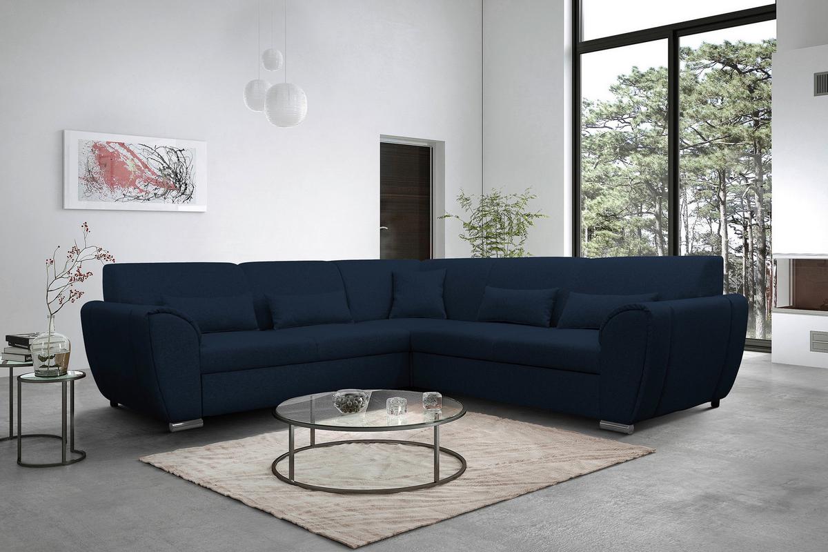 Ecksofa Delux Dunkelblau Mit Schlaffunktion Ottomane Rechts - Silberfarben/Dunkelblau, Design, Textil (266/266cm) - Livetastic