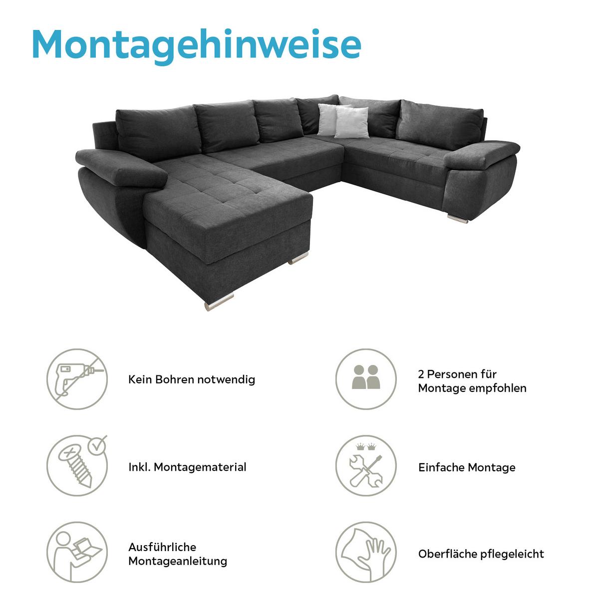 Wohnlandschaft Terana Mit Schlaffunktion, Anthrazit - Chromfarben/Anthrazit, KONVENTIONELL, Textil (157/305/219cm) - Livetastic