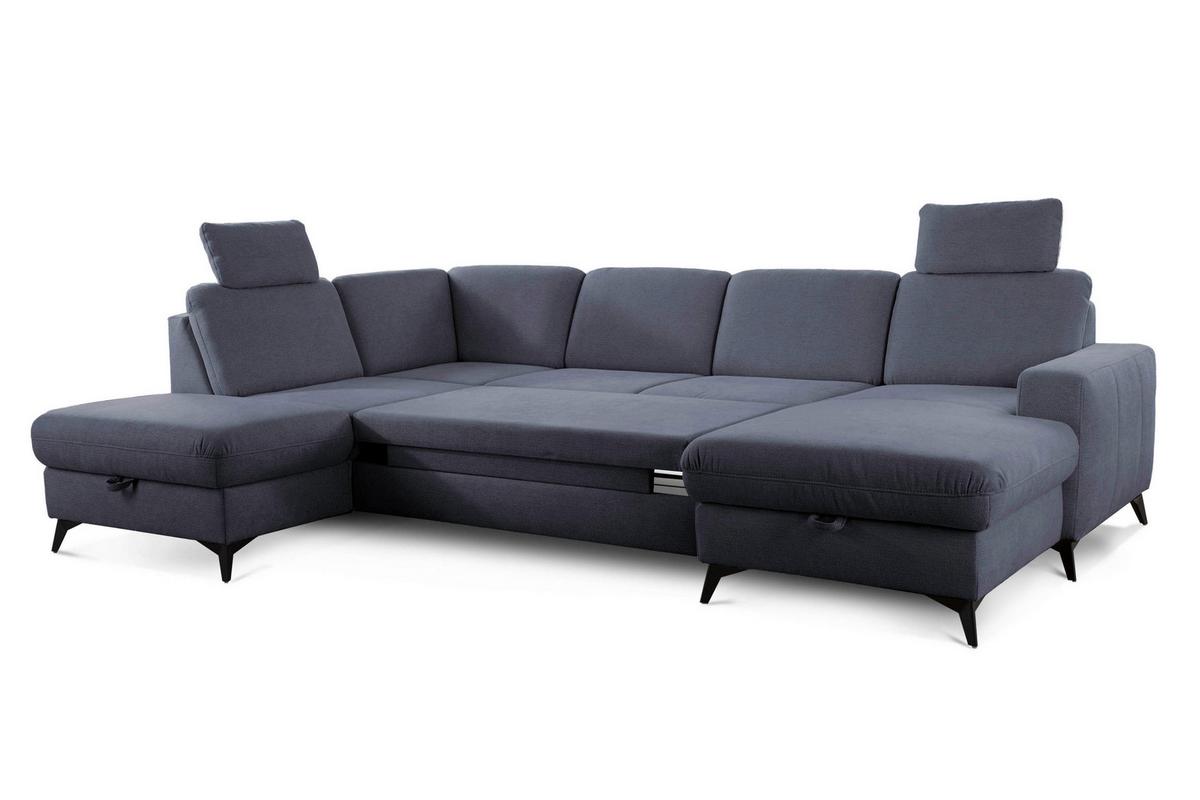 Sedačka U LOLLAND, levá, tmavě modrá, s funkcemi - černá/tmavě modrá, Moderní, kov/textil (212/303/162cm)