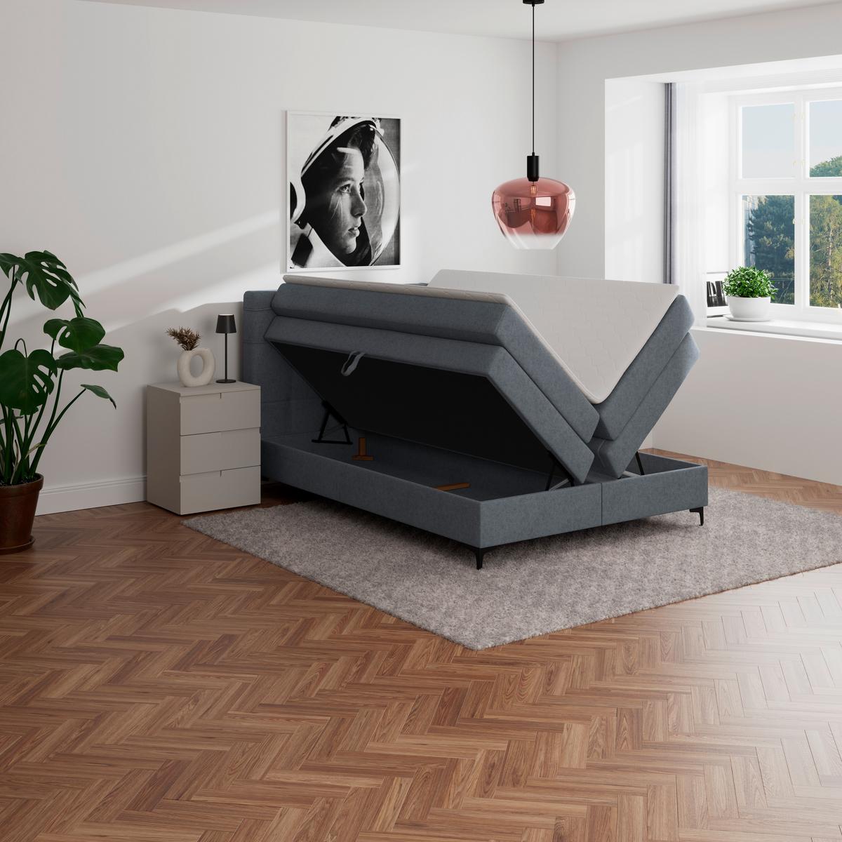 Boxspringbett MITTO Blaugrau 140x200 cm - Blaugrau/Schwarz, KONVENTIONELL, Textil/Metall (140/200cm)