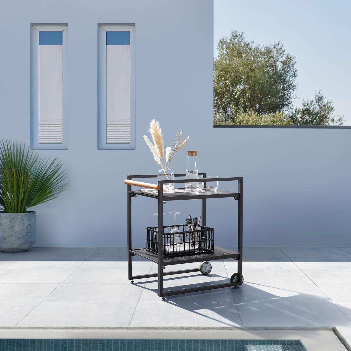 Servírovací vozík RICCARDO - tmavě šedá/přírodní barvy, Moderní, kov/plast (72/76/52cm) - Bessagi Garden