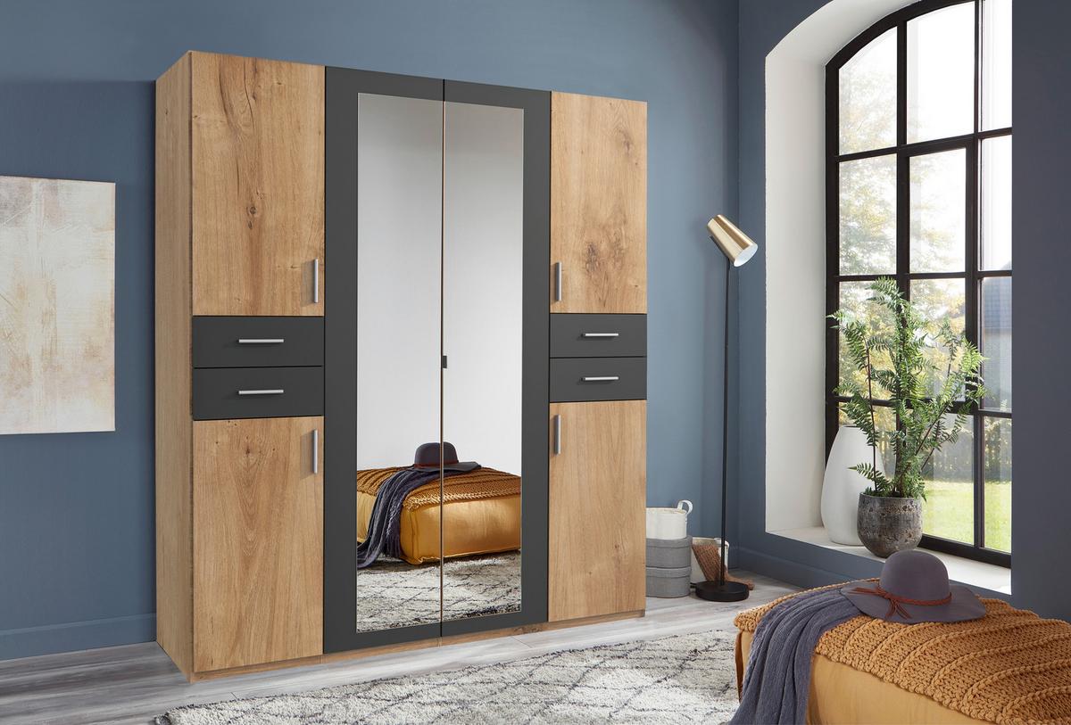 Drehtürenschrank 180cm Vegas, Eiche Dekor/Graphit - Eichefarben/Graphitfarben, Basics, Holzwerkstoff (180/208/58cm) - MID.YOU