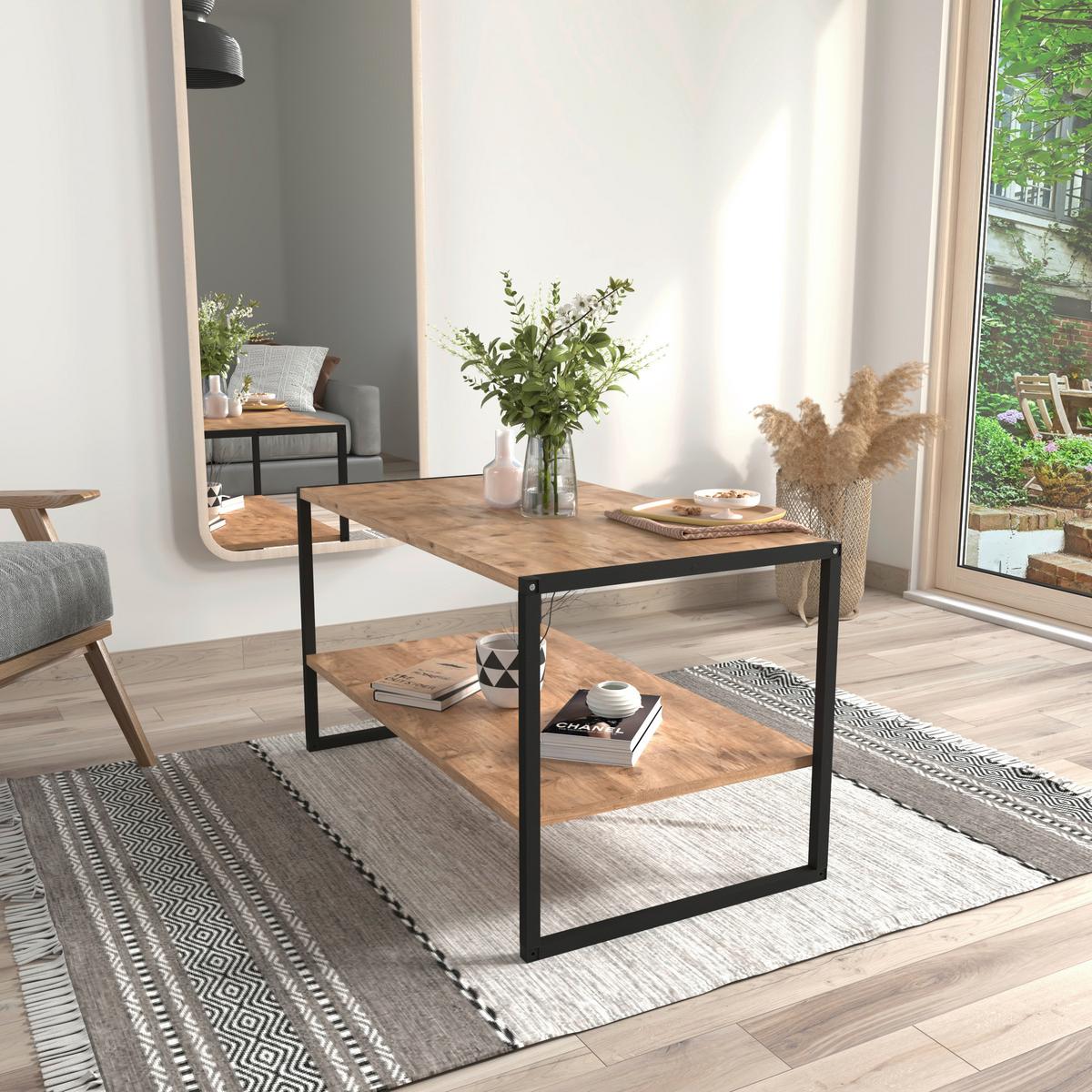 Couchtisch Insasi Honigeiche Dekor Schwarz - Honigeiche/Schwarz, Design, Holzwerkstoff/Metall (90/50/50cm) - MID.YOU