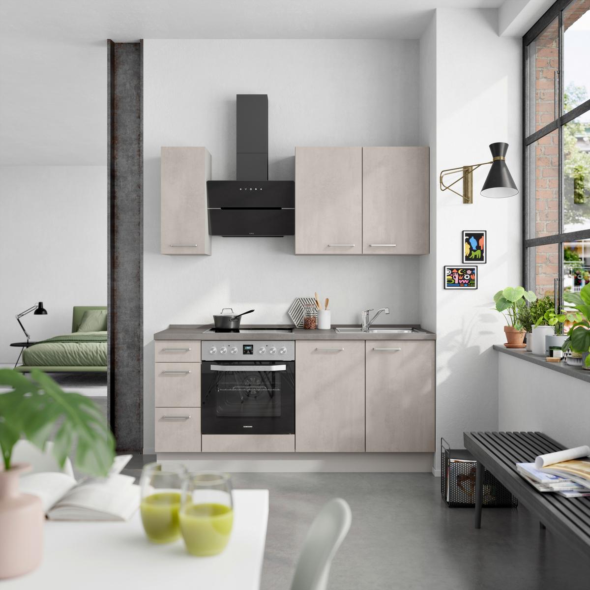 Kuchynská linka 180 cm, šedý betón/ kamenná šedá - sivá/farba ušľachtilej ocele, Modern, kov/kompozitné drevo (180cm) - Nobilia