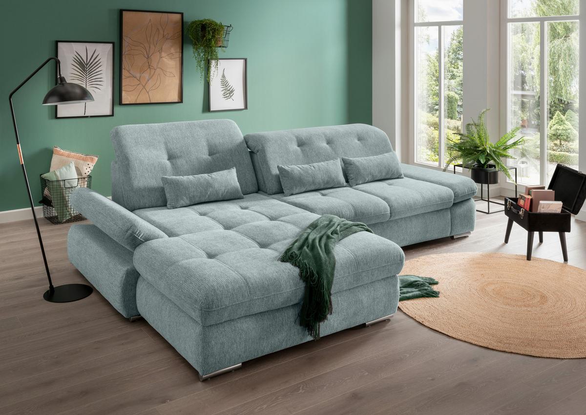 Ecksofa Dalida Blau S: 196x300 cm - Chromfarben/Blau, Design, Textil (196/300cm) - Livetastic