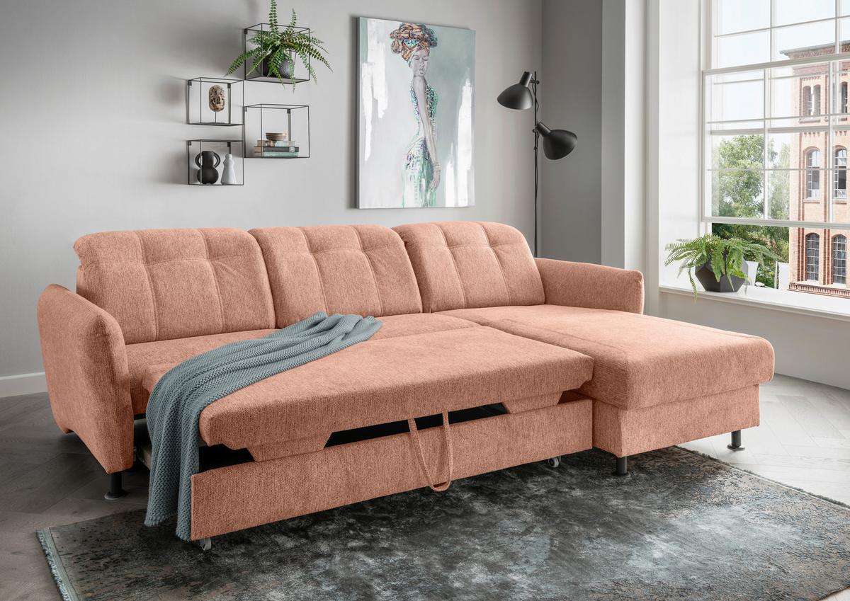 Ecksofa Minori Chenille Koralle, S: 267x184 cm - Koralle/Schwarz, MODERN, Textil (267/184cm) - Livetastic
