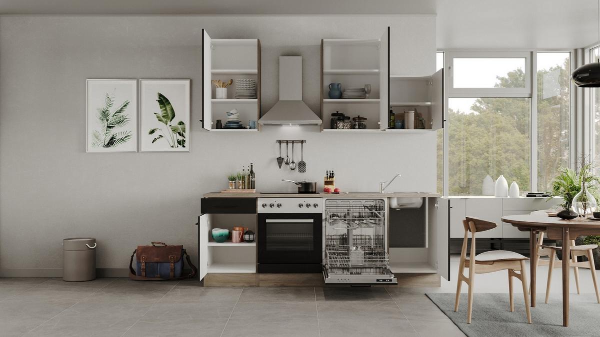 Küchenblock Capri Eiche/schwarz B: 220 Cm - Eichefarben/Schwarz, MODERN, Holzwerkstoff (220cm) - FlexWell