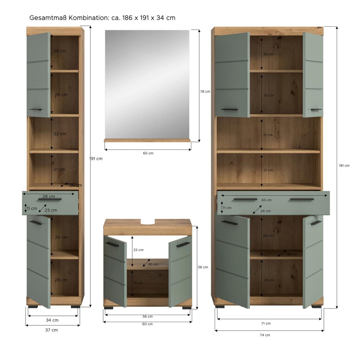 Badezimmer Scout Eiche Artisan Dekor Salbeigrün - Salbeigrün/Schwarz, MODERN, Holzwerkstoff (186/191/34cm) - MID.YOU