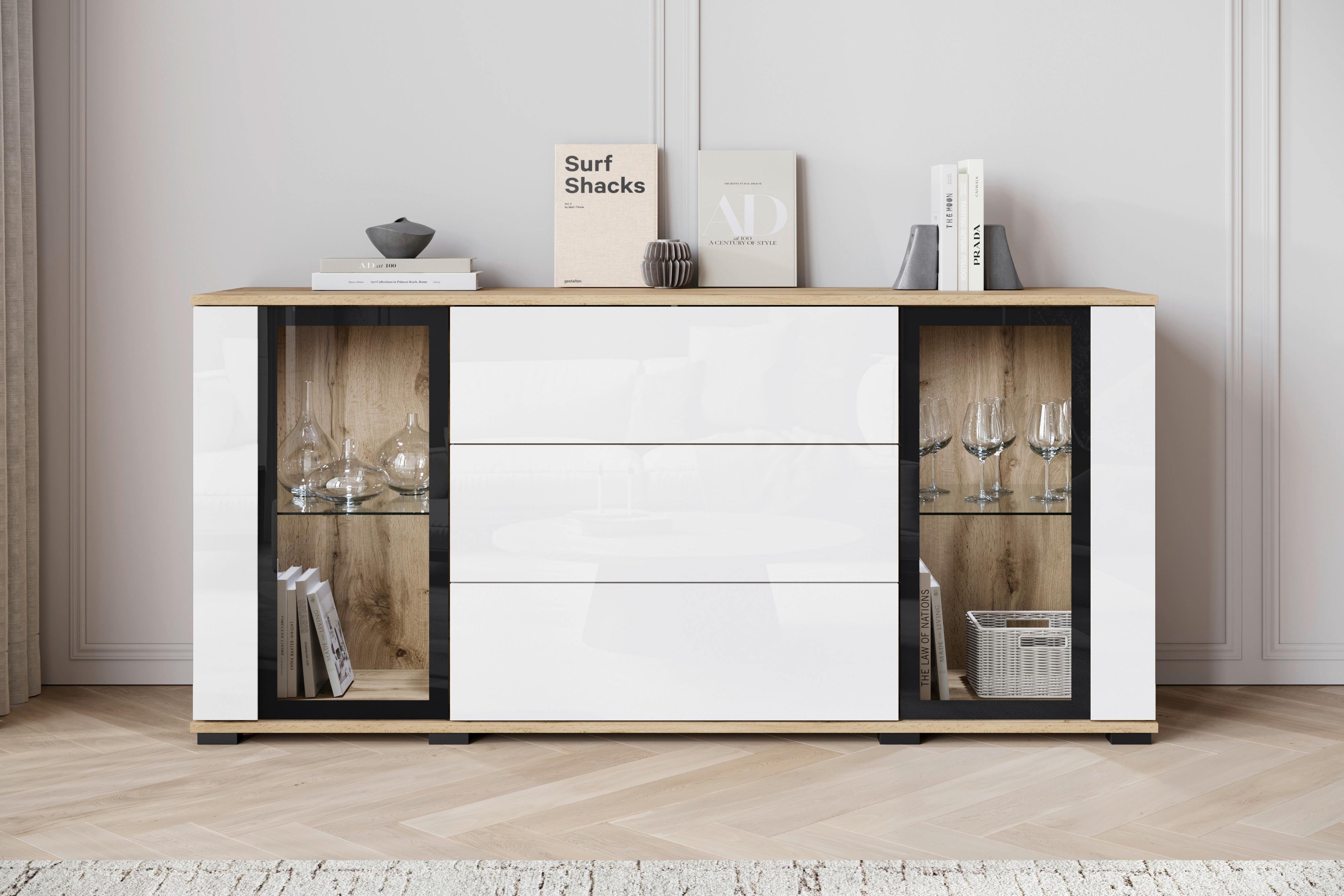 Kommode Caro Eiche Wotan/Weiß HG B: 150 cm - Weiß Hochglanz/Eiche Wotan, Design, Glas/Holzwerkstoff (150/69,7/39,5cm) - P & B