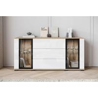 Kommode Caro Eiche Wotan/Weiß HG B: 150 cm - Weiß Hochglanz/Eiche Wotan, Design, Glas/Holzwerkstoff (150/69,7/39,5cm) - P & B