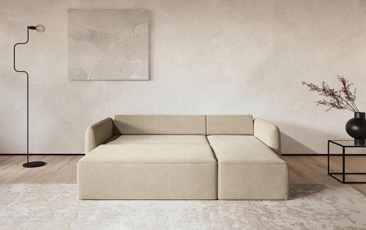 Ecksofa mit Bettfunktion Flow Cord beige, B: 239cm - Beige/Schwarz, Trend, Textil (239/170cm) - MID.YOU