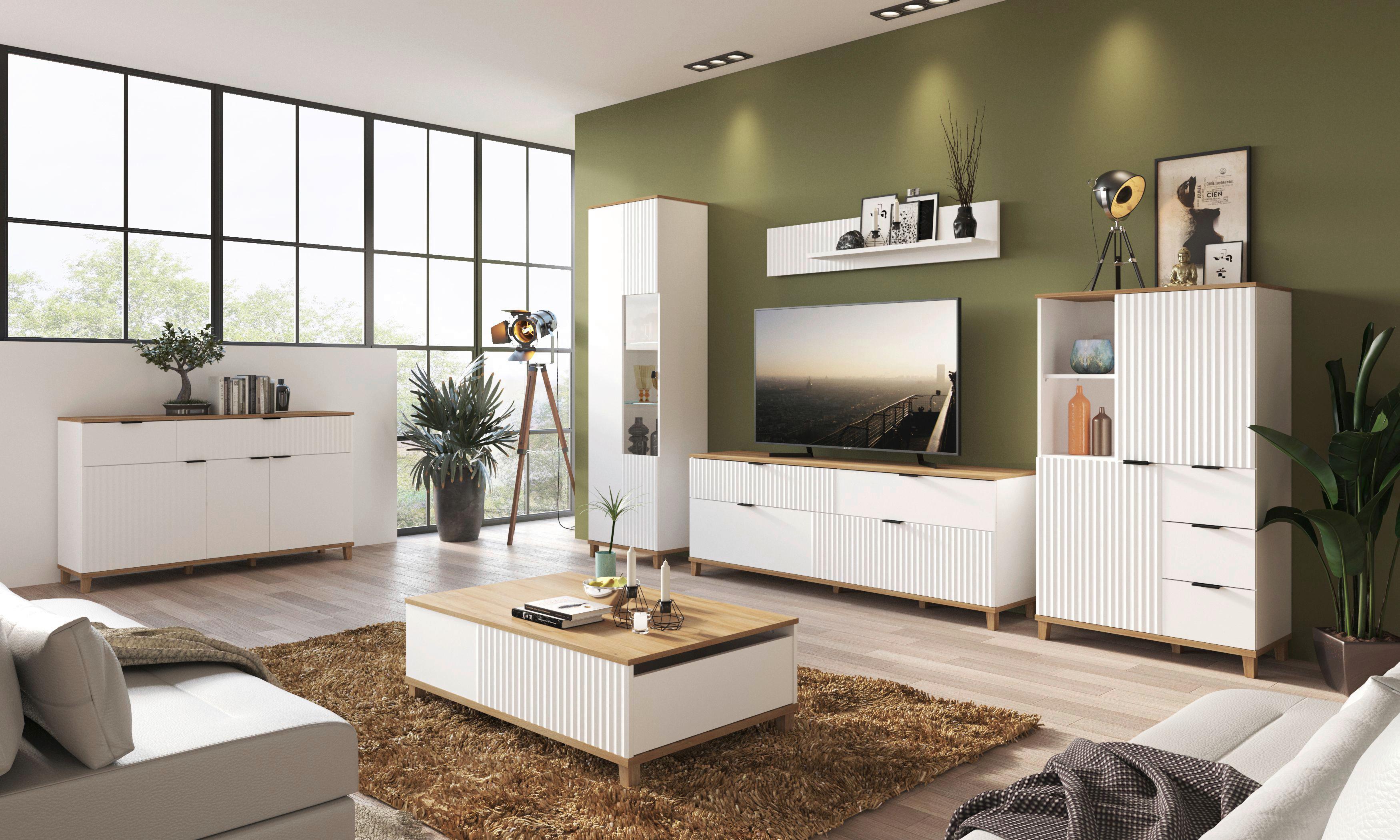 Couchtisch Plissee Alpin Weiß Grandson Eiche B: 110 Cm - MODERN, Holz/Holzwerkstoff (110/40,3/68cm)