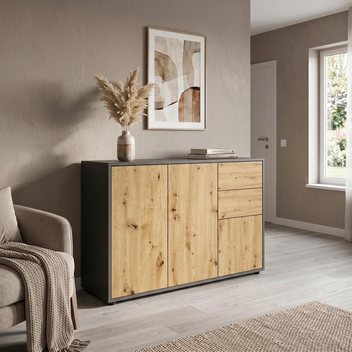 Kommode Mailand Anthr./Eiche Dekor B: 105,5cm - Anthrazit/Schwarz, MODERN, Holzwerkstoff (105,5/73/33cm) - MID.YOU