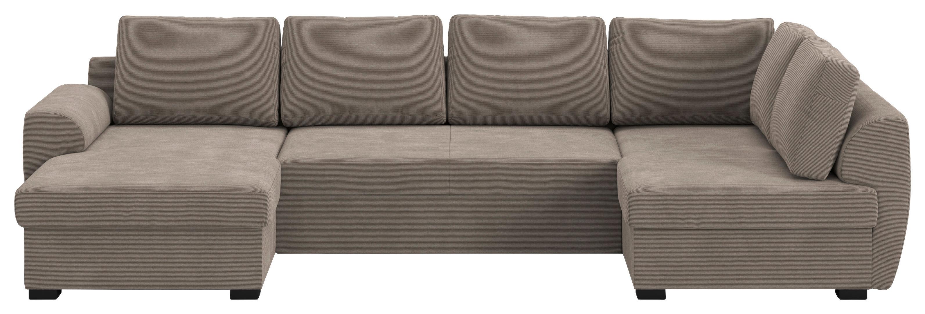 Wohnlandschaft m. Bettfunktion Cord taupe, B: 327cm - Taupe/Schwarz, Trend, Textil (154/327/86cm) - MID.YOU