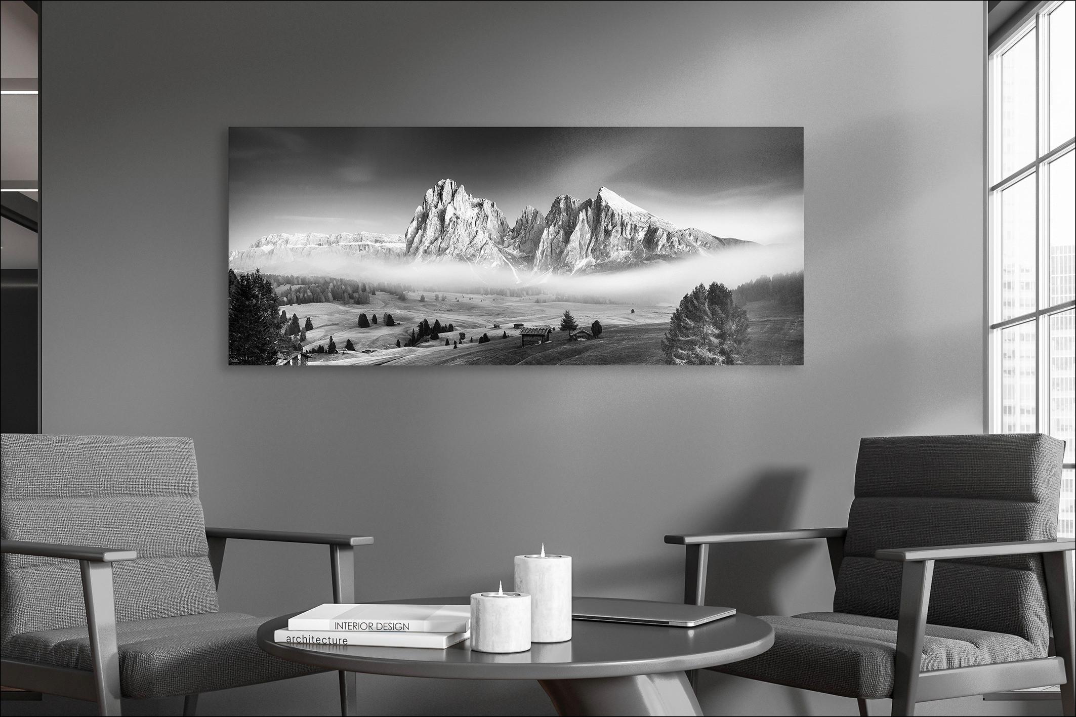 Wandbild Mist & Mountain Berglandschaft 117x49 cm - Schwarz/Weiß, Basics, Holzwerkstoff (117/49/1,9cm)
