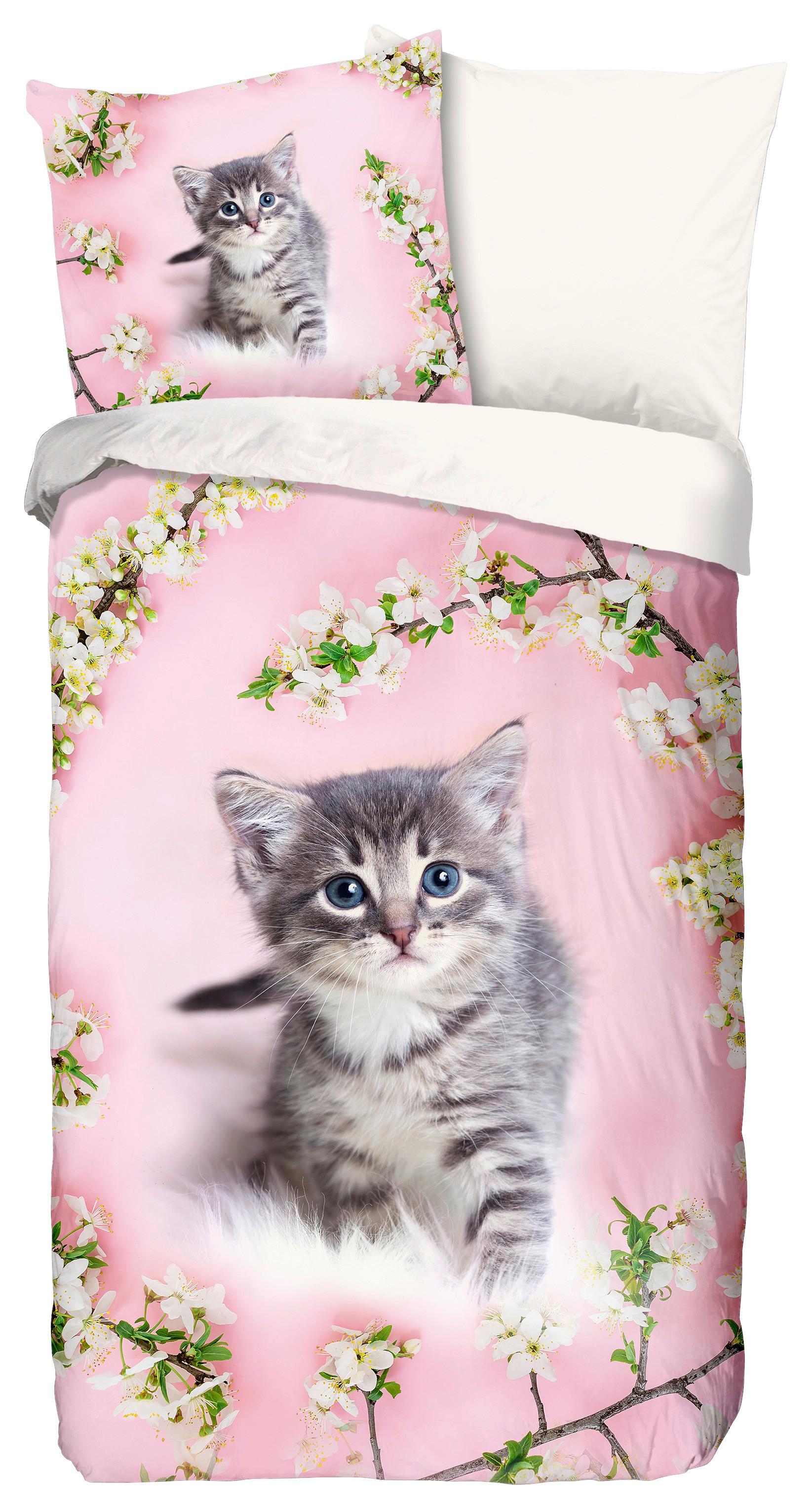 Jugendbettwäsche Pussycat Rosa Rot 135x200 Cm - Rot/Rosa, Natur, Textil (135/200cm)