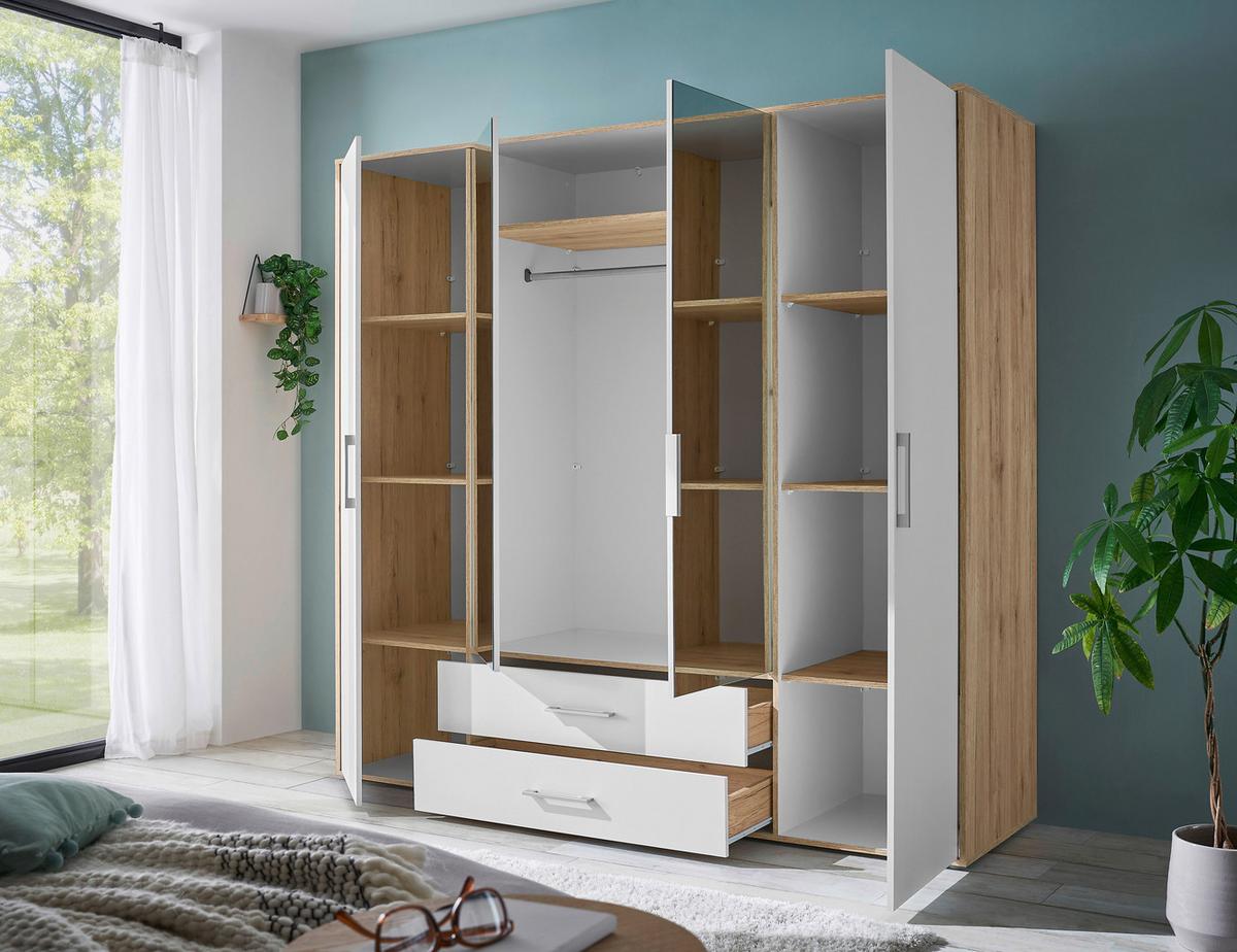 Kleiderschrank M. Spiegel 4trg Lembo Artisan Eiche/weiß 206cm - Weiß/Eiche Artisan, Basics, Glas/Holzwerkstoff (206/195/60cm)