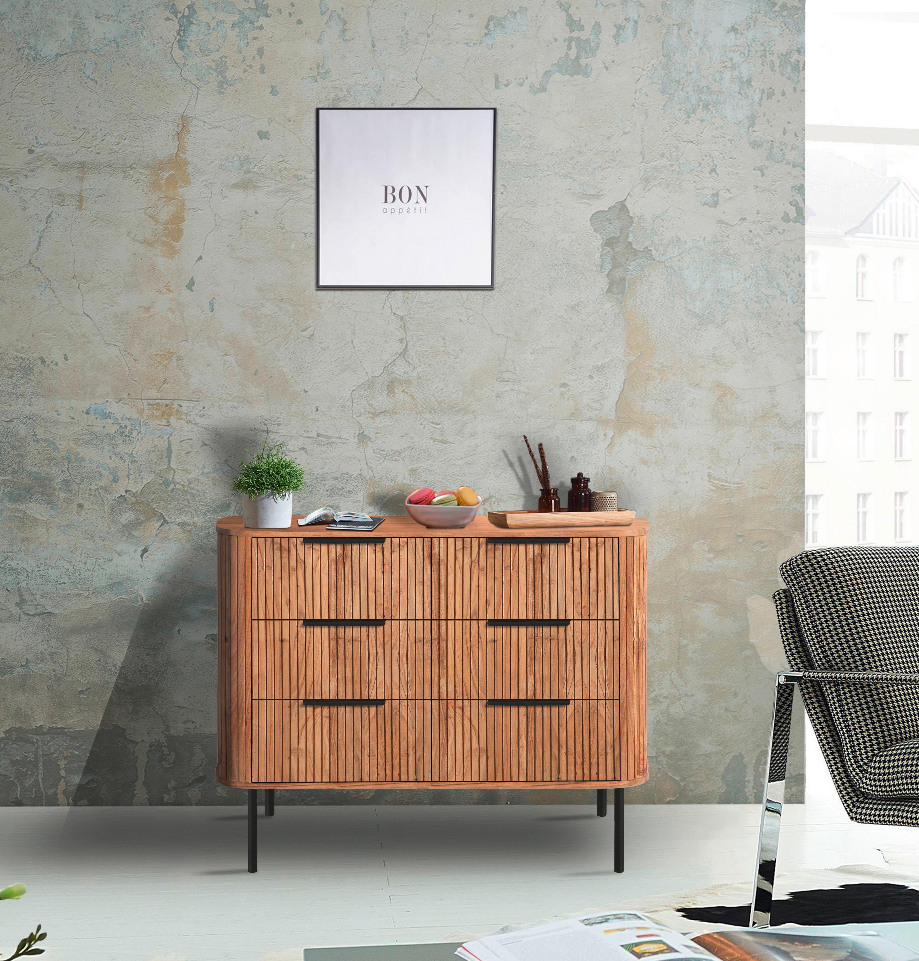Kommode Kunja Akazie Massiv, B: 103 cm - Schwarz/Akaziefarben, Trend, Holz/Metall (103/80/45cm)