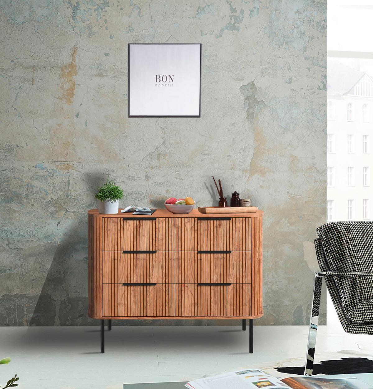 Kommode Kunja Akazie Massiv, B: 103 cm - Schwarz/Akaziefarben, Trend, Holz/Metall (103/80/45cm)