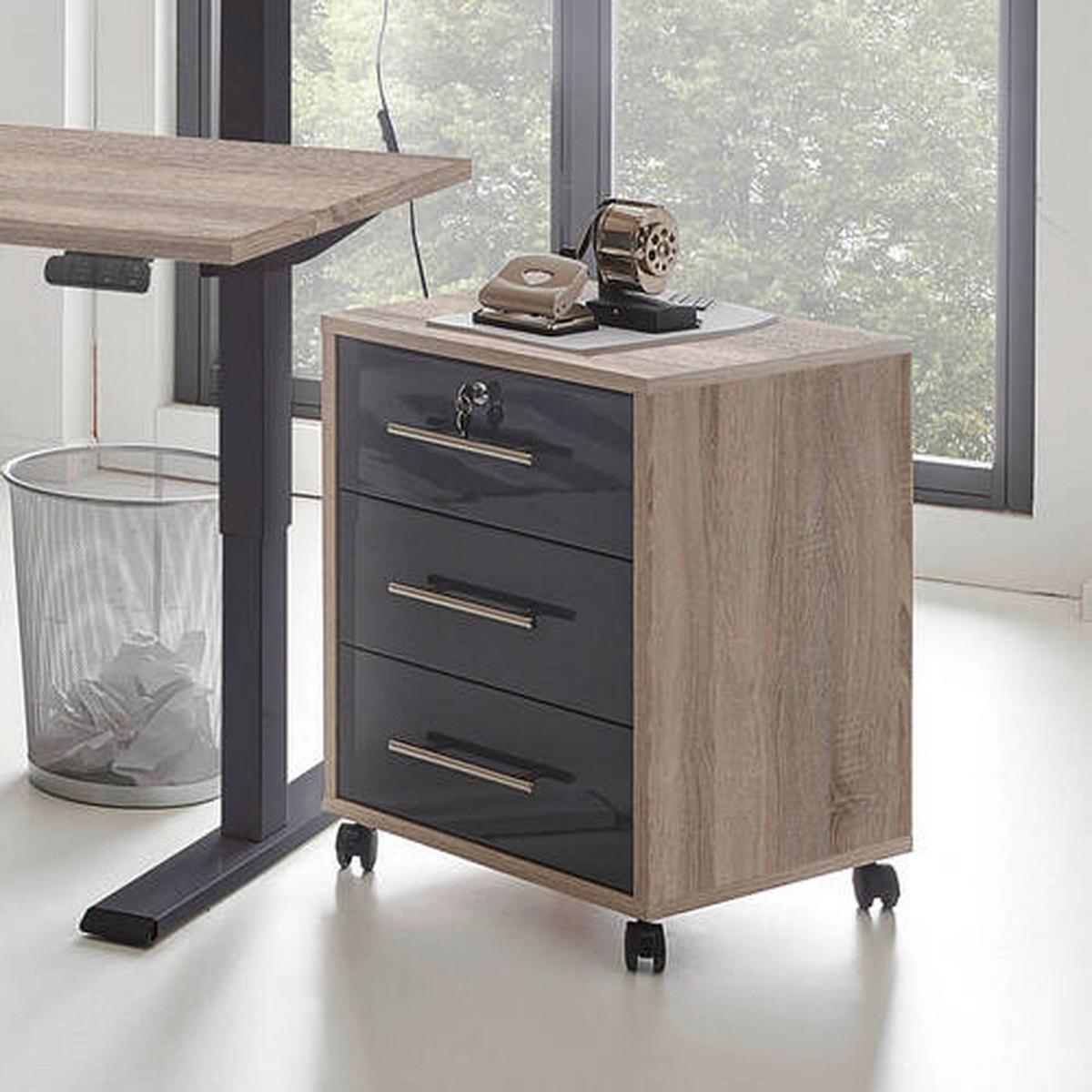 Rollcontainer Anthrazit/Eiche Office Edition 44x58x40 cm - Anthrazit Hochglanz/Sonoma Eiche, MODERN, Holzwerkstoff/Kunststoff (44/58/40cm) - MID.YOU