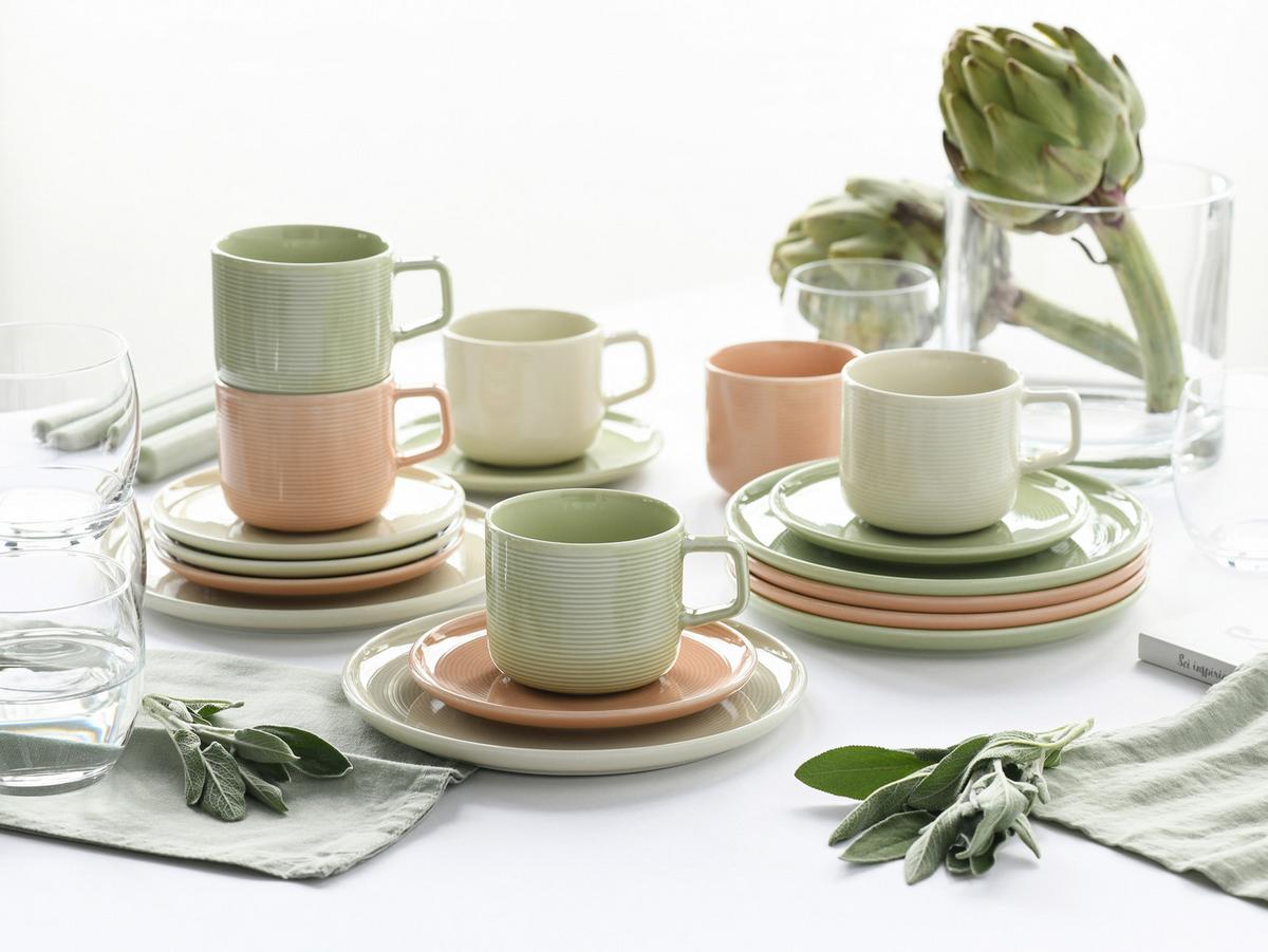 Kaffeeservice 18-Teilig. Porzellan, multicolor - Salbeigrün/Creme, Basics, Keramik - Creatable