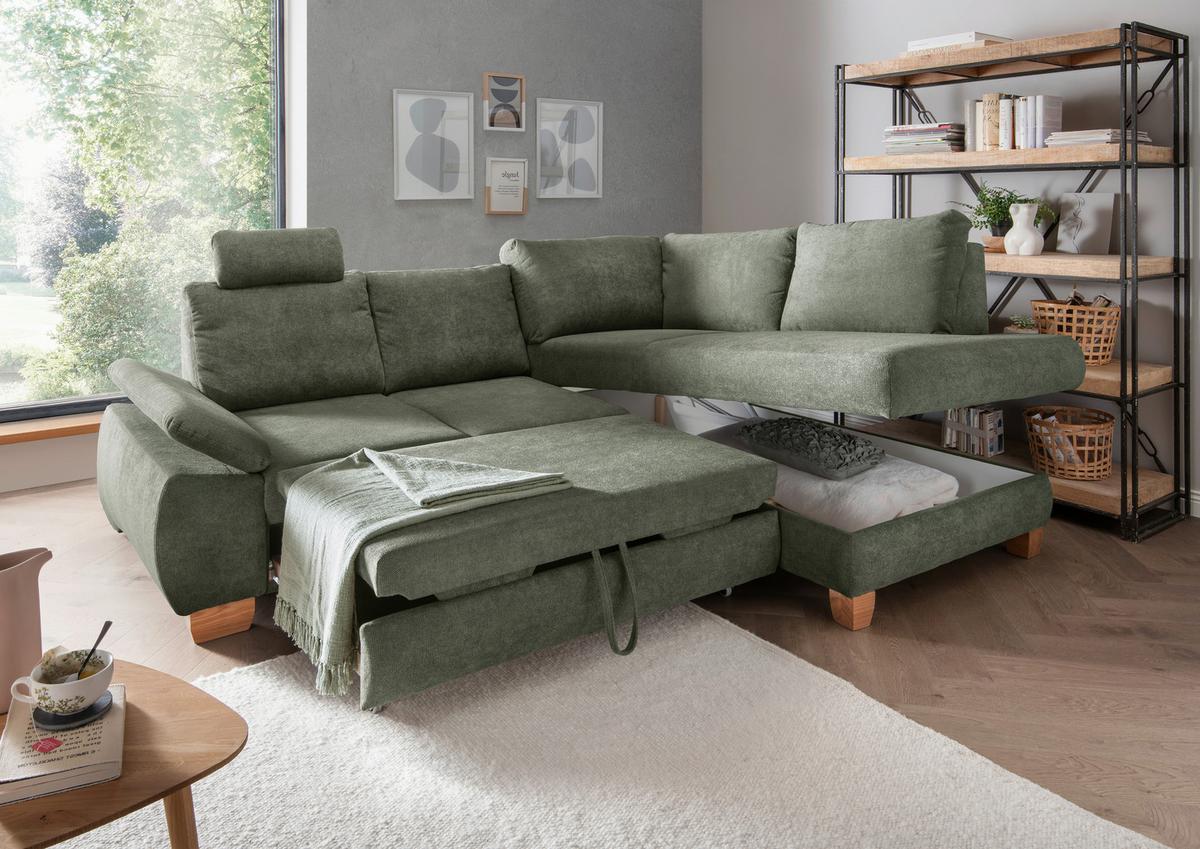 Eckschlafsofa Positano Dunkelgrün S: 261x206 cm - Wildeiche/Dunkelgrün, MODERN, Textil (261/206cm) - Livetastic