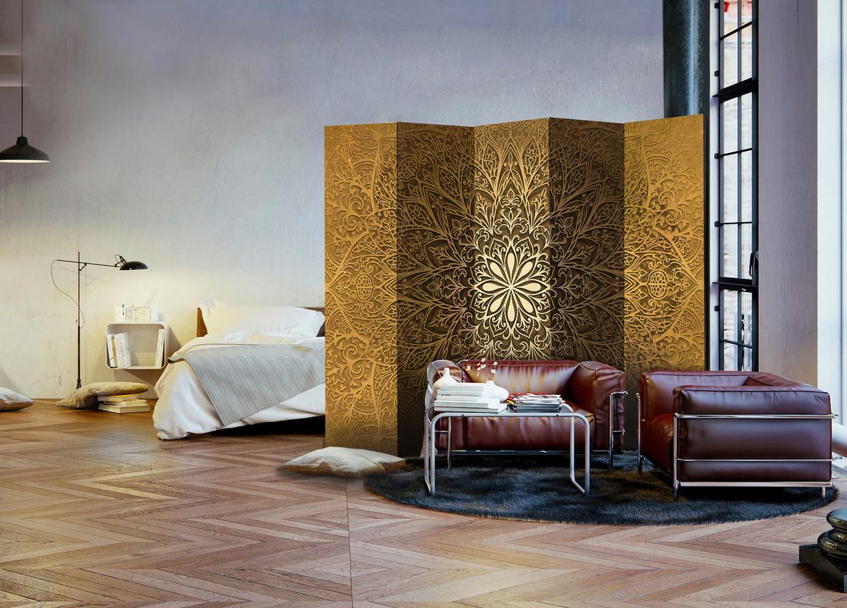 Paravent Braun Goldfarben B: 225 cm - Goldfarben/Braun, Basics, Holz/Textil (225/172/3cm) - artgeist