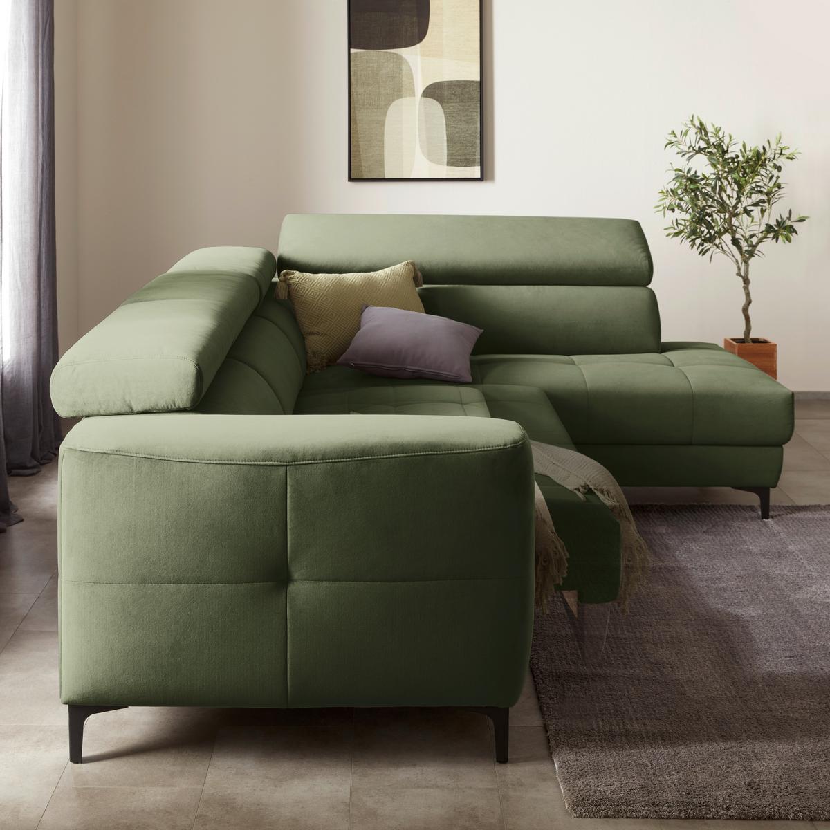 Rohová sedačka EMMA, pravá, oliv.zel.,op.hl.,USB,el.výsuv - černá/olivově zelená, Moderní, textil (301/210cm) - Premium Living